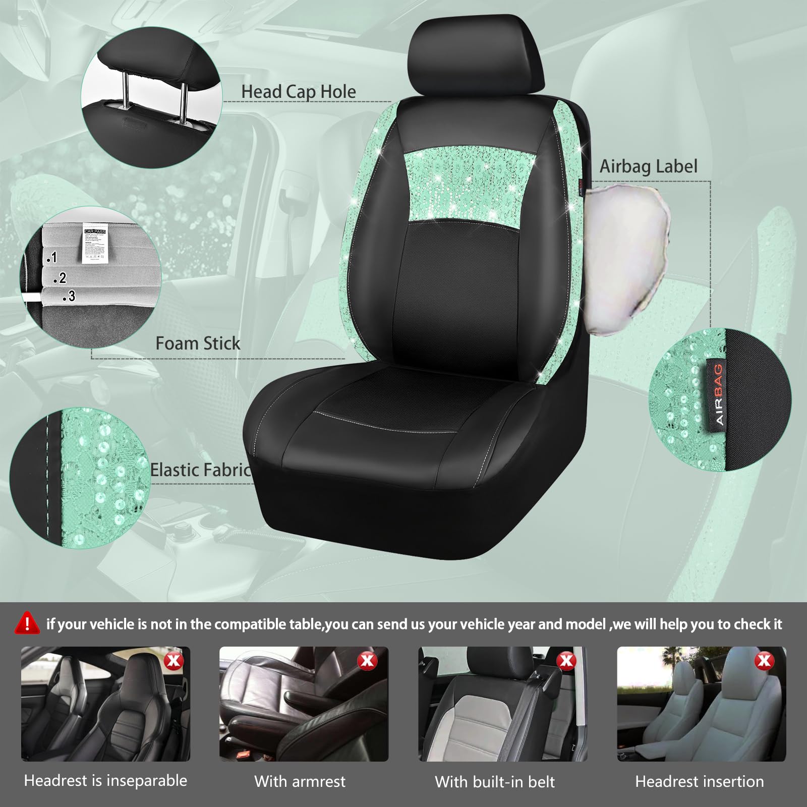 Universal Mint Leather Lace Car Seat Covers Full Set with Waterproof Floor Mats & Glitter Steering Wheel Cover - 10PC Car Interior Accessories for Women | Perfect for Daily Commute, Road Trips & Car Decor