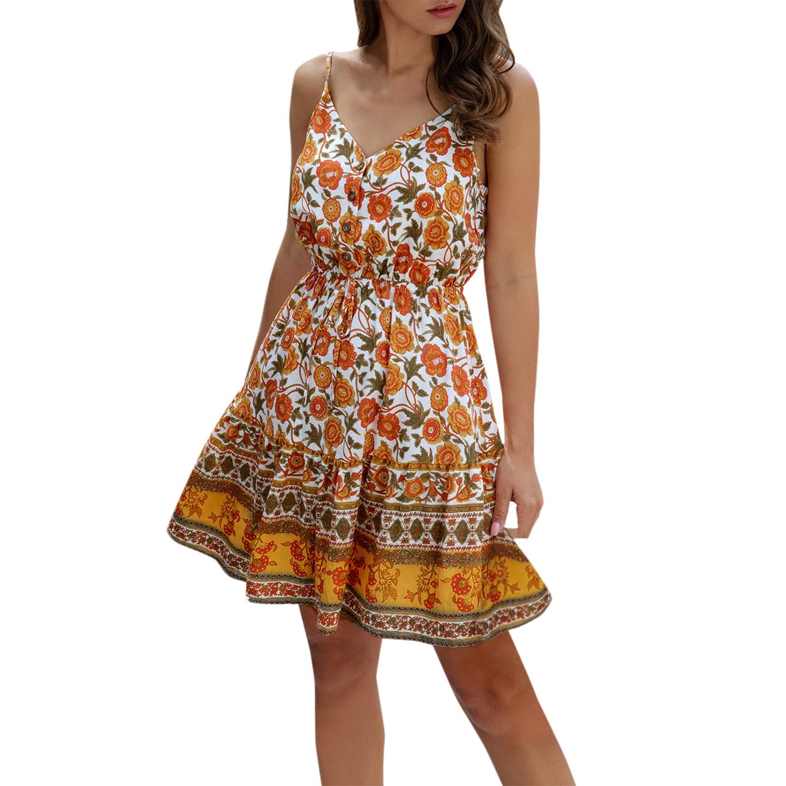 Women's Floral Print Summer Casual Loose Dress - V Neck Spaghetti Strap Button Waistband Sundress for Beach, Vacation & Daily Wear