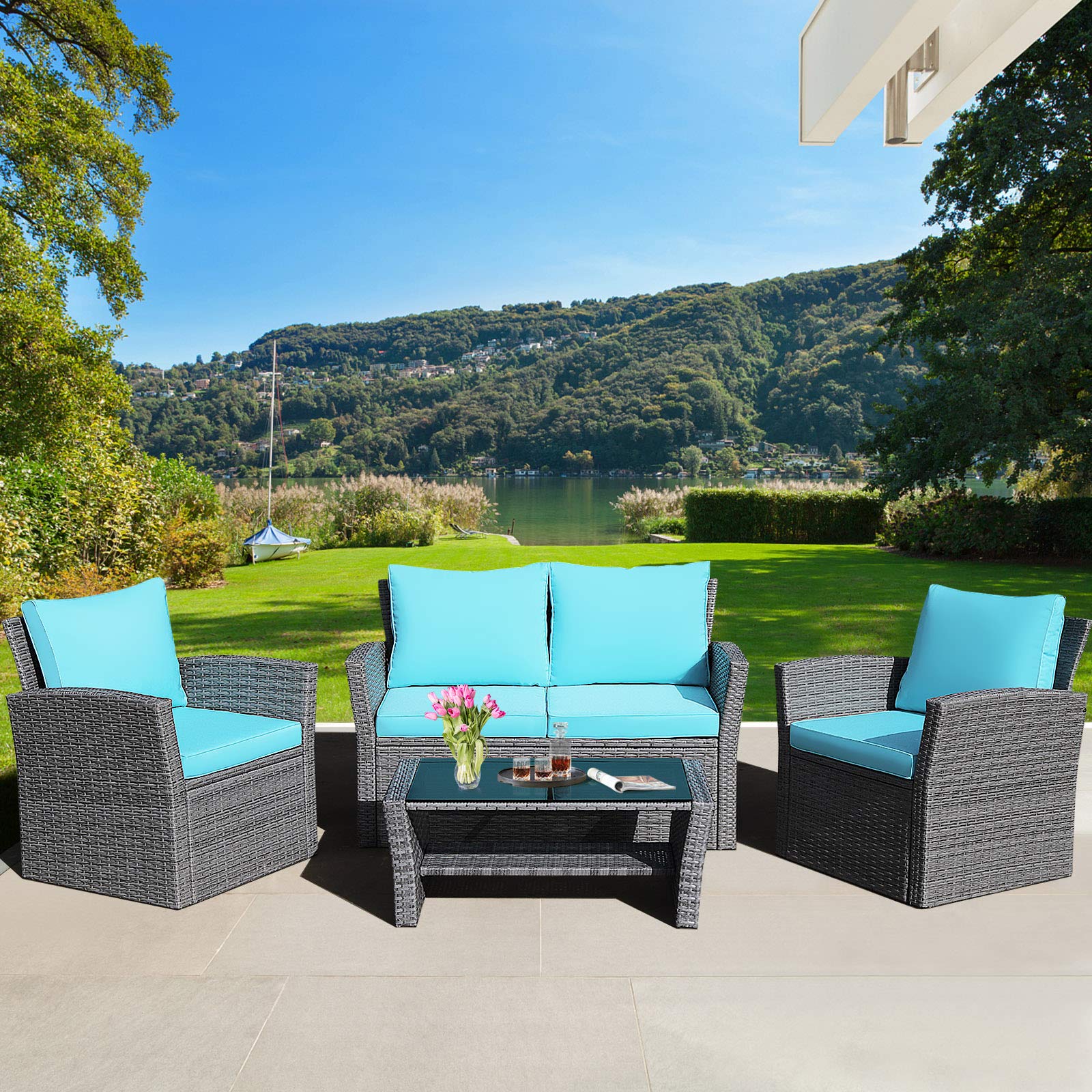 HAPPYGRILL 4-Piece Outdoor Rattan Patio Furniture Set with Cushions & Coffee Table - Wicker Sectional Sofa Conversation Set for Garden, Porch, Balcony, Poolside - Perfect for Relaxing, Entertaining & Outdoor Lounging