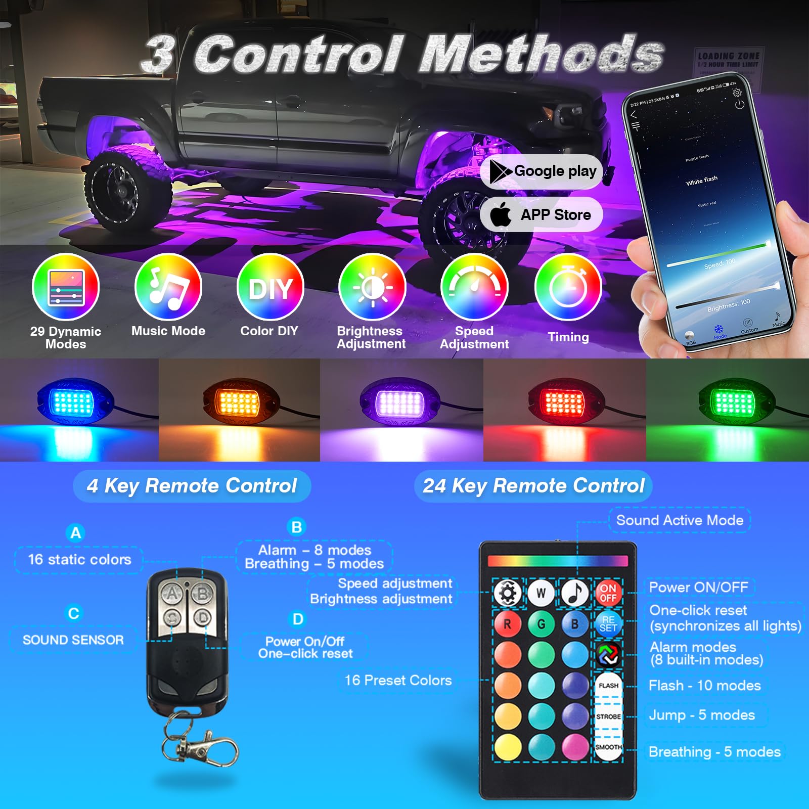 12 Pods Segmented Metal RGB LED Rock Lights Kit with APP & RF Remote Control - Waterproof Multi-Color Underglow Lights for Trucks, Jeeps, ATVs, UTVs & Golf Carts - Perfect for Off-Roading, Car Shows & Night Driving