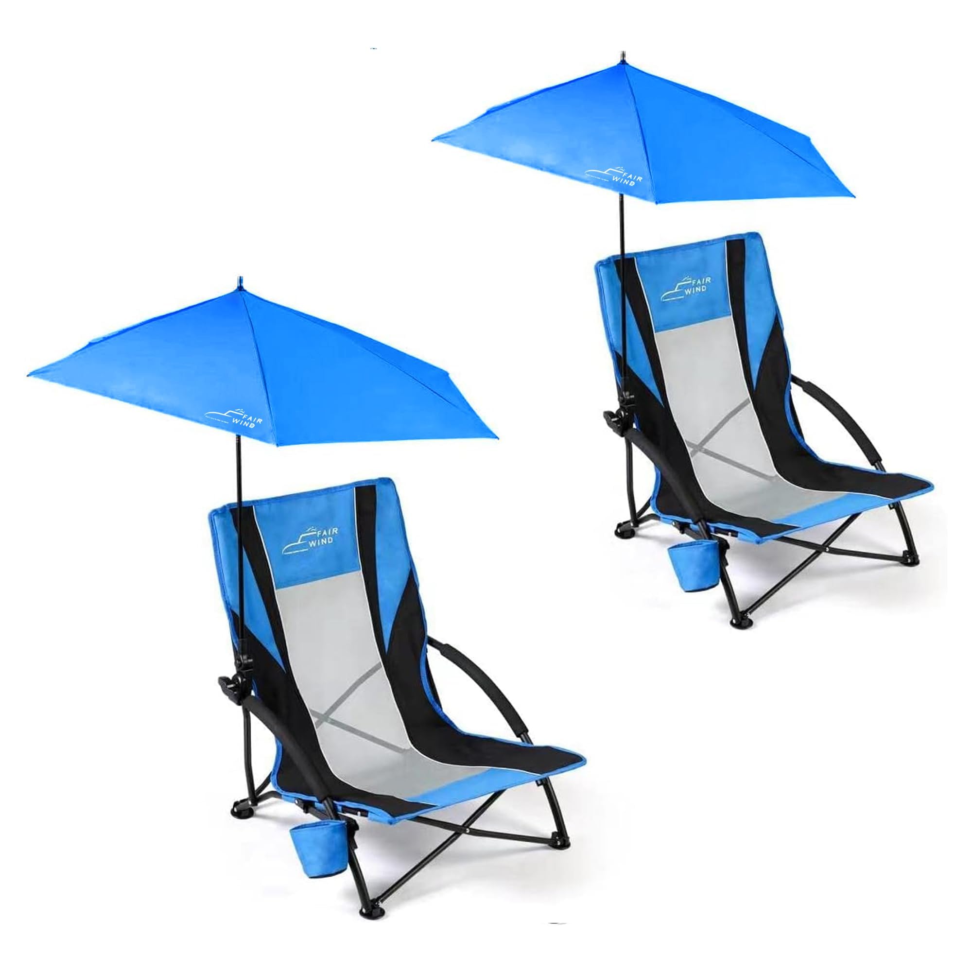 FAIR WIND 2 Pack Portable Folding Beach Chairs with Umbrella - Lightweight Backpack Design, Cup Holder & Adjustable Shade for Adults - Perfect for Beach, Pool, Concert & Outdoor Events (Navy Blue & Black)