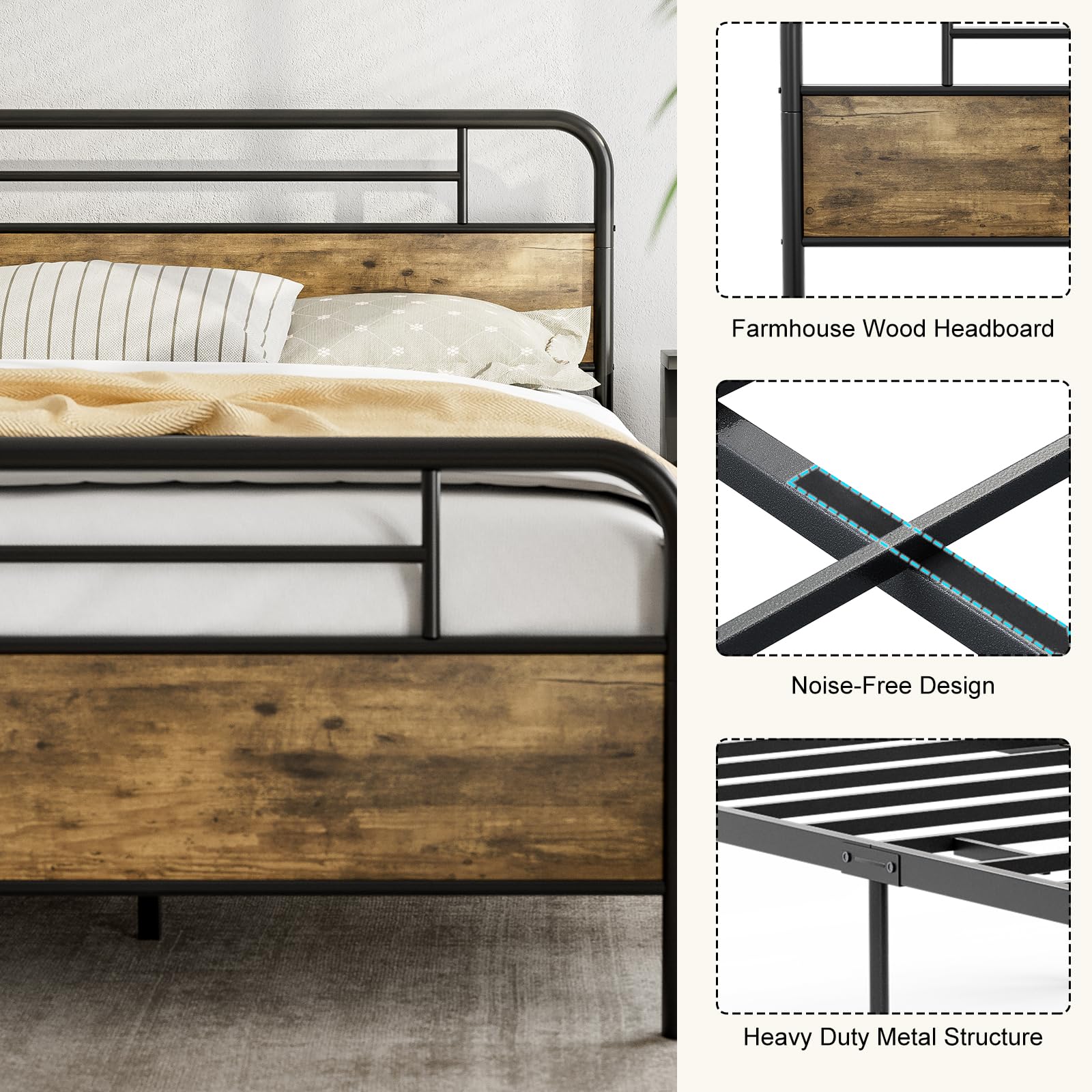 IKIFLY California King Bed Frame with Wood Headboard & Footboard - Farmhouse Style Metal Platform Bed with Heavy Duty Steel Slats, 12