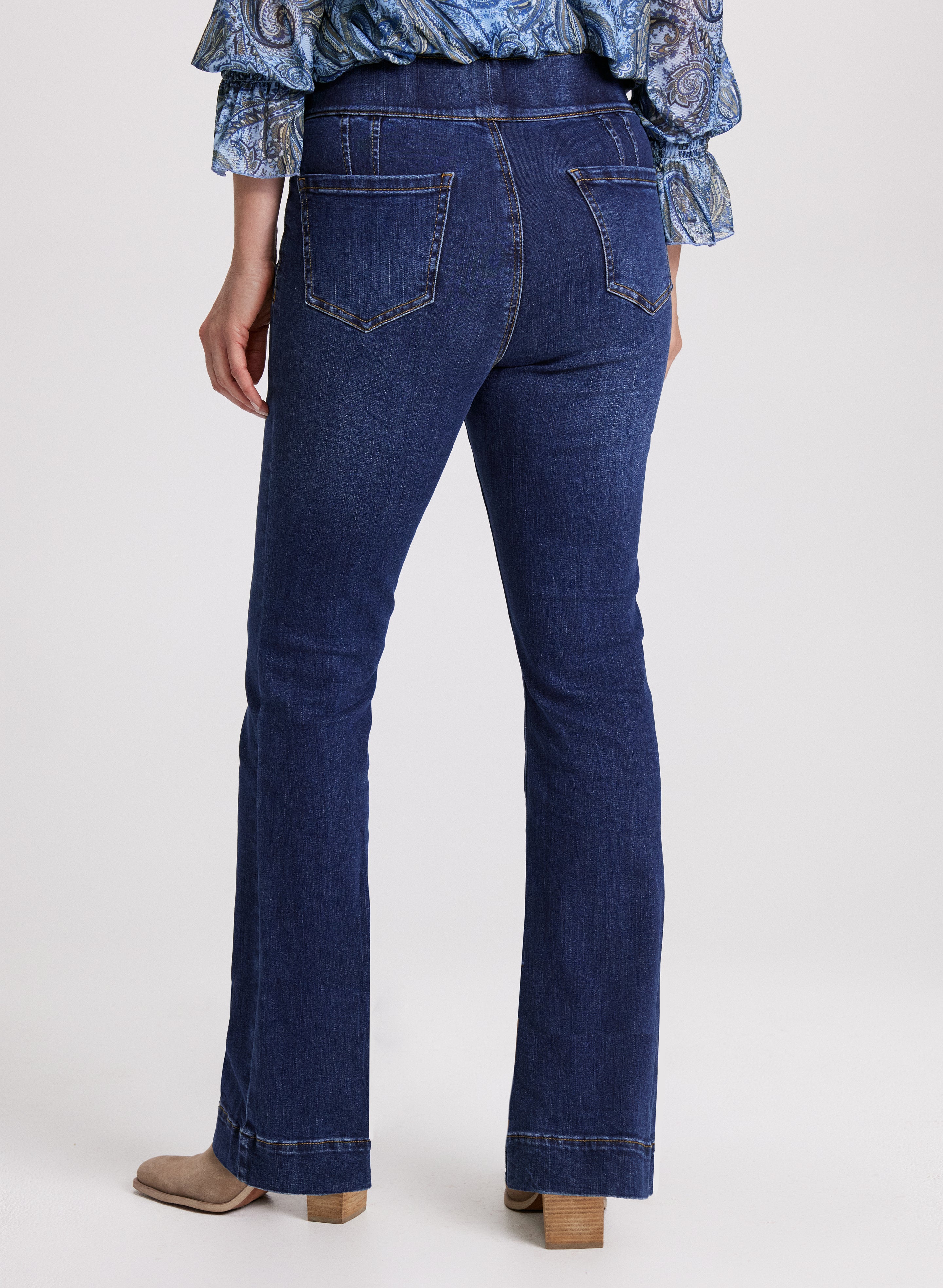 Flare Leg Pull On Jeans for Women - Stretchy High Waist Bootcut Denim Pants - Comfortable & Stylish for Casual Wear, Office, and Night Out
