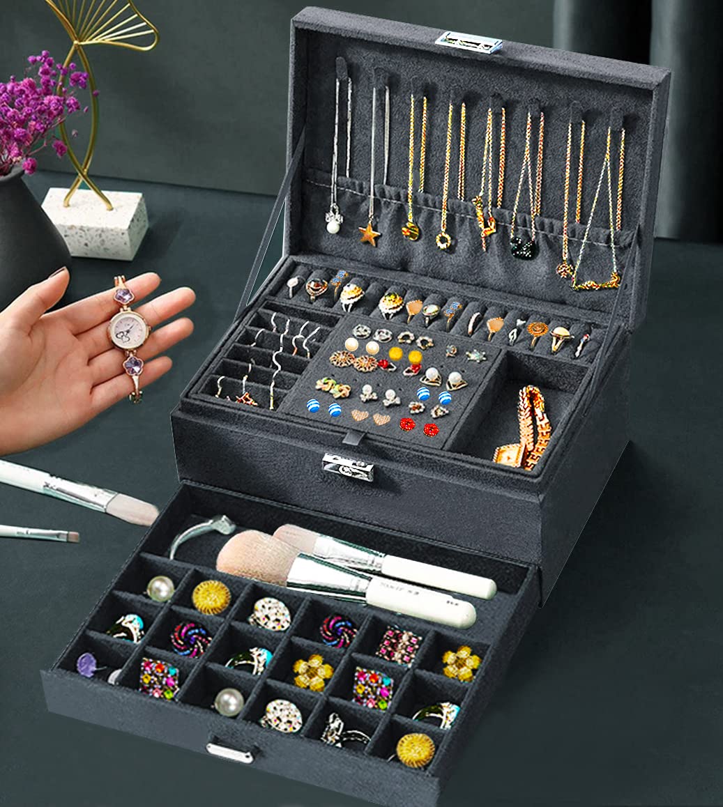 Grey Velvet Jewelry Box with Lock for Women - Elegant Jewelry Organizer for Necklaces, Earrings, Rings & Bracelets | Perfect Jewelry Storage for Teens & Adults | Great for Travel, Home Decor & Gift Giving