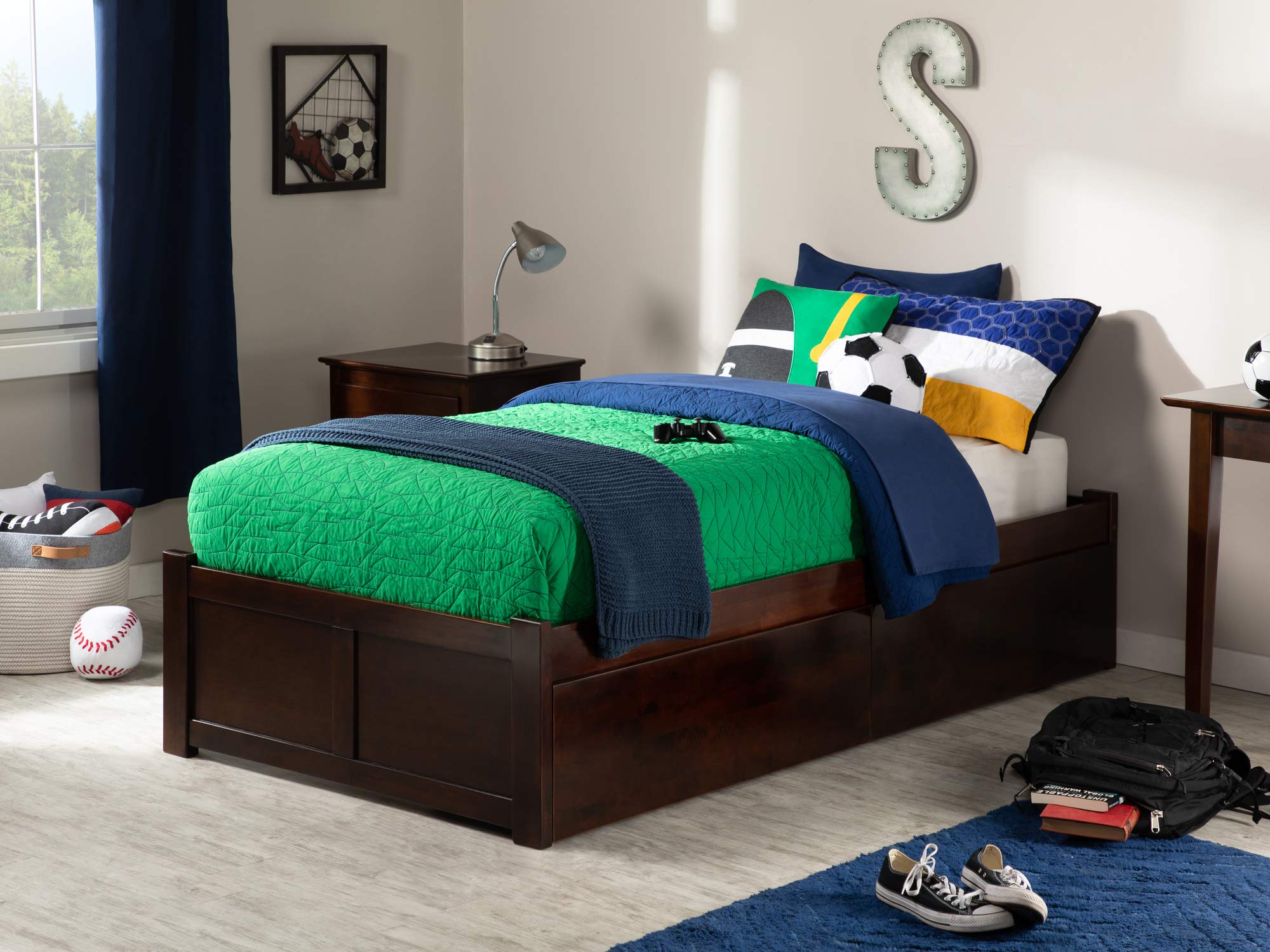 AFI Concord Twin Size Platform Bed with Footboard & Storage Drawers in Walnut - Space-Saving Bedroom Furniture for Kids, Teens & Small Rooms