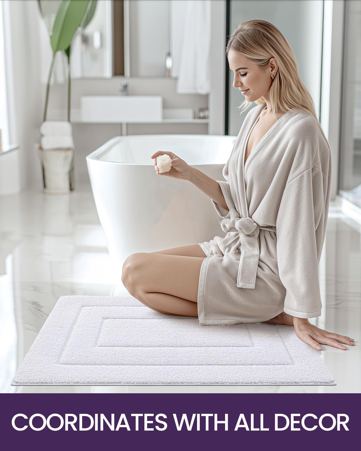 DEXI Non-Slip Bathroom Rug 36x24 Inch, Absorbent Quick-Dry Washable Shower Mat with Rubber Backing - Soft Microfiber Bath Carpet for Bathroom Floor (White) - Perfect for Bathroom, Shower, and Vanity Areas