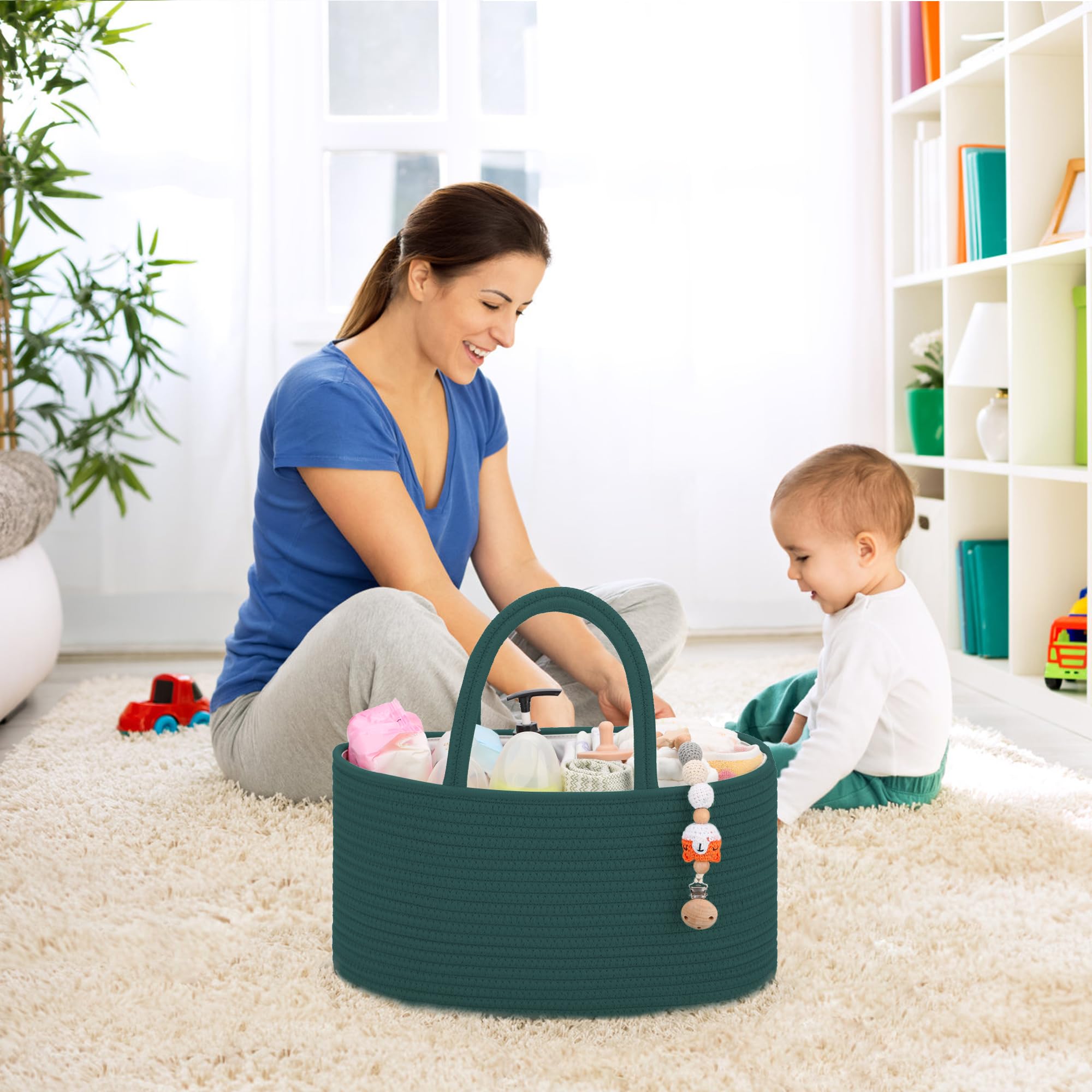 COMSE Baby Diaper Caddy Organizer - Portable Diaper Basket with Dividers, Baby Car Organizer & Changing Station - Perfect for Nursery, Travel & Baby Shower Gifts (Dark Green) - Essential Newborn Registry Must Have for Diaper Storage & Organization