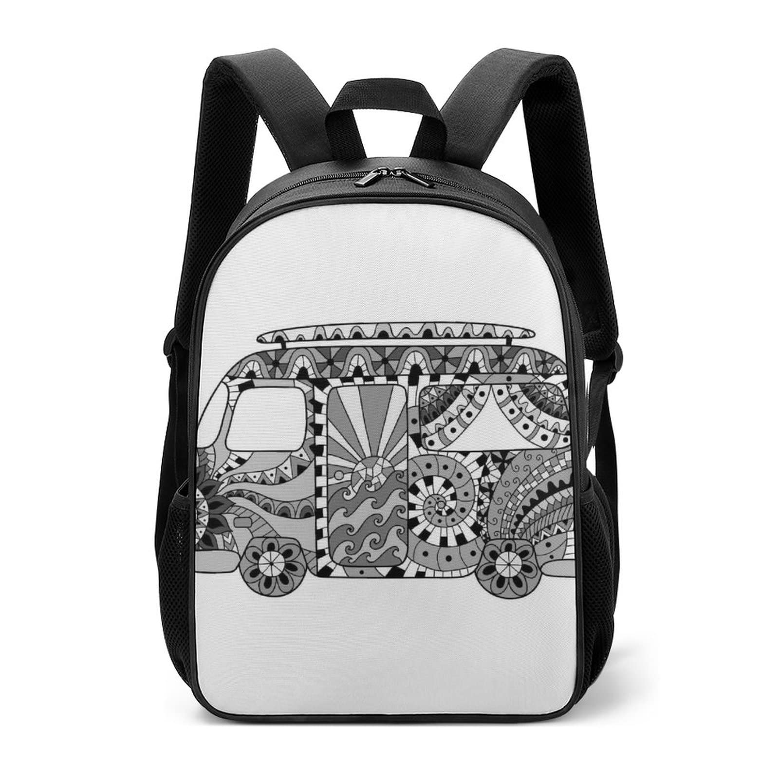 Vintage Hippie Camper Van Print Backpack - Black & White School Book Bag for Boys & Girls, Laptop Tablet Rucksack with Multiple Pockets, Perfect for Travel, College & Daily Use