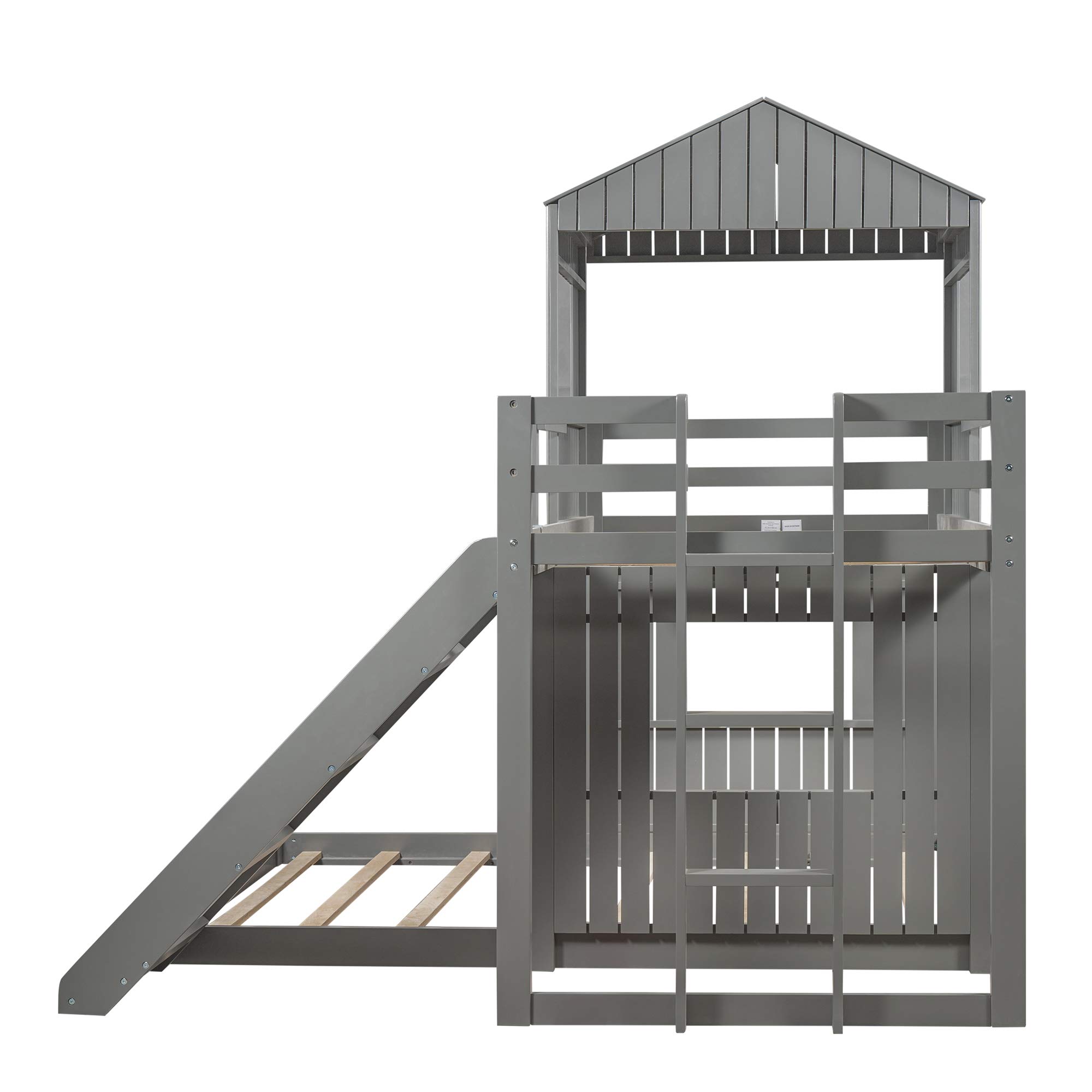 Quarte Twin Over Full Bunk Bed with Slide & Ladder - Solid Wood Loft Bed Frame with Playhouse, Farmhouse Design & Safety Guardrails - Perfect for Teens, Kids, Toddlers, Boys & Girls (Gray-9) - Ideal for Small Bedrooms, Kids' Rooms & Shared Spaces