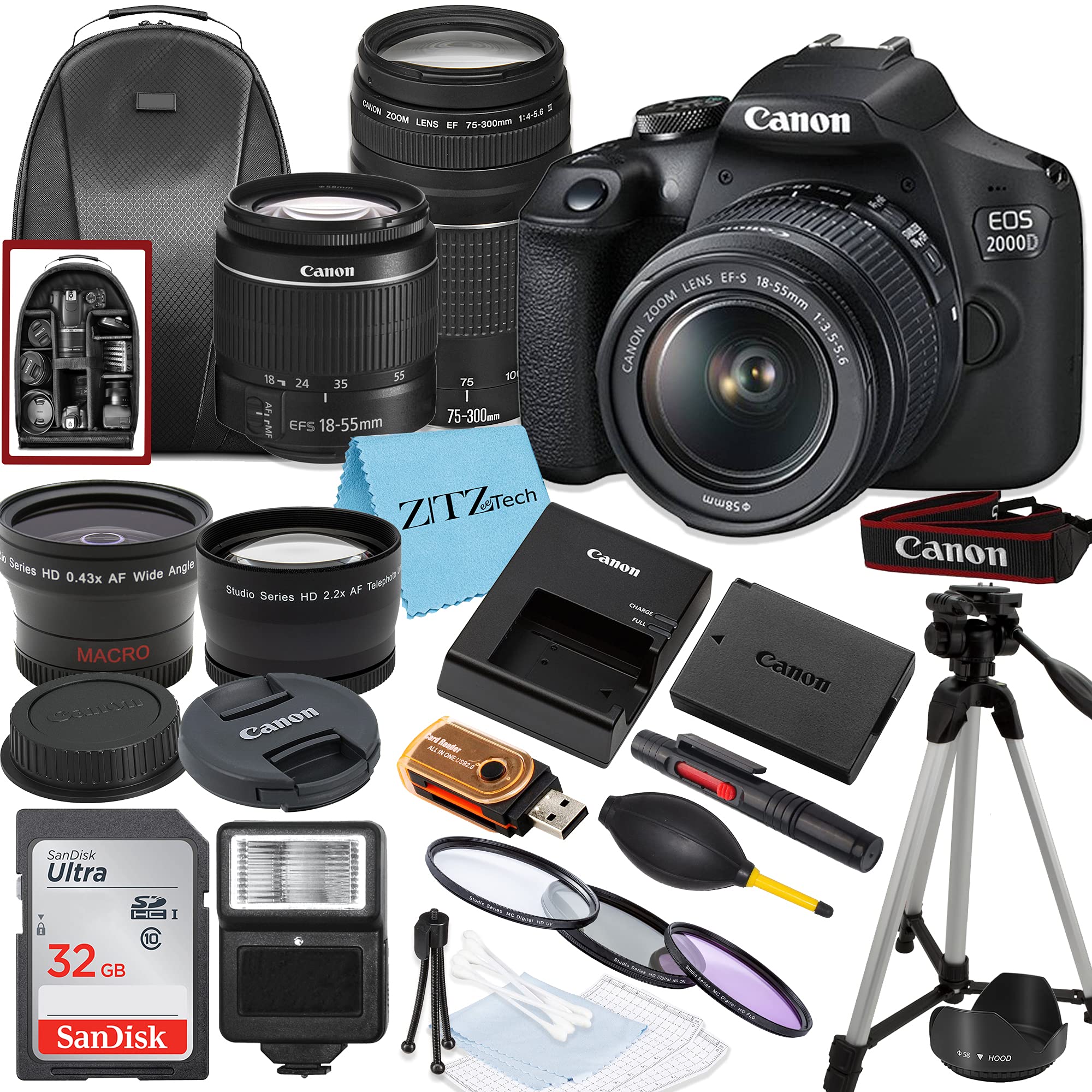 Canon EOS 2000D Rebel T7 DSLR Camera Bundle with EF-S 18-55mm & 75-300mm Lenses, SanDisk 32GB Memory Card, Tripod, Case, Wide Angle Lens & 20pc Accessories Kit (Renewed) - Black - Perfect for Photography Beginners, Travel & Family Events