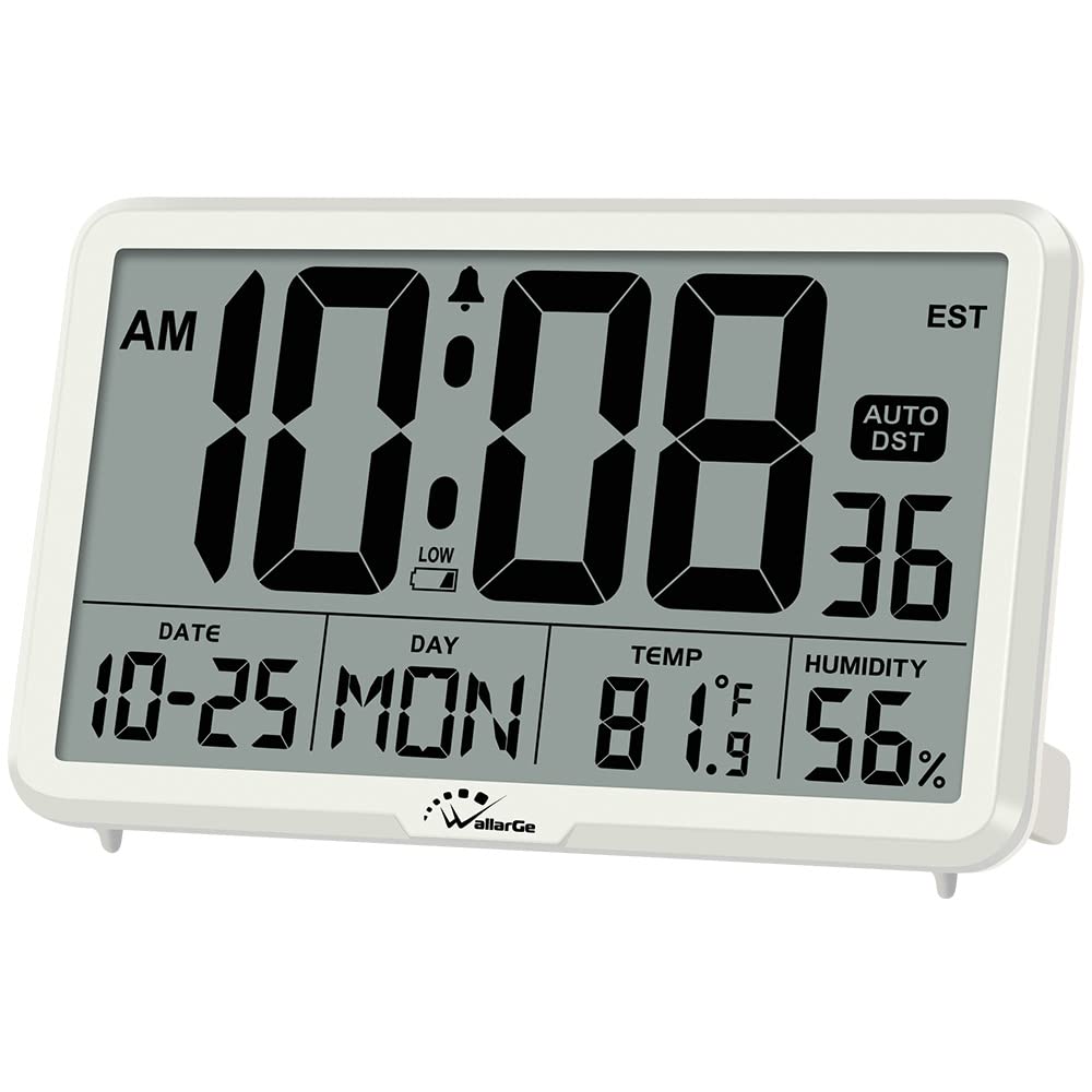 WallarGe Auto Set Digital Wall Clock with Temperature & Humidity - Large Display Battery Operated Desk Clock with Date, 8 Time Zones & Auto DST - Perfect for Elderly, Bedroom, Office & Home Use
