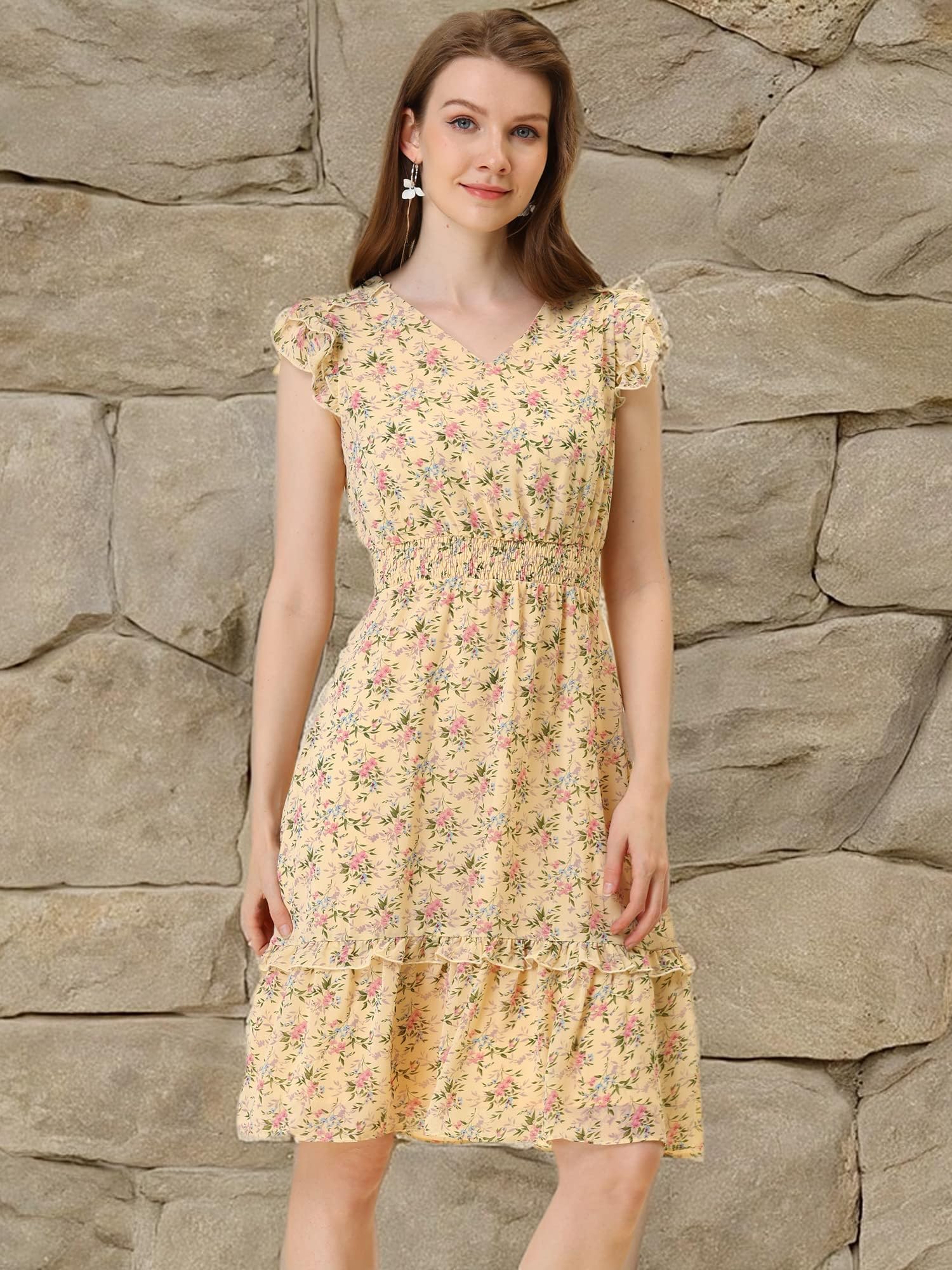 Allegra K Women's Floral Print Flutter Sleeve V-Neck Smocked Ruffle Midi Dress for Summer Wedding, Garden Party & Date Night