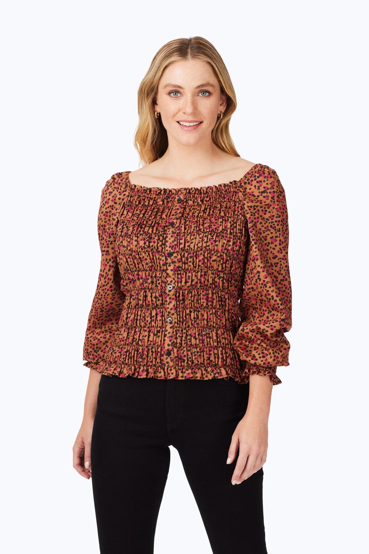 Stylish Smocked Wild Cheetah Print Long Sleeve Blouse for Women - Perfect for Office Wear, Date Nights & Casual Outings