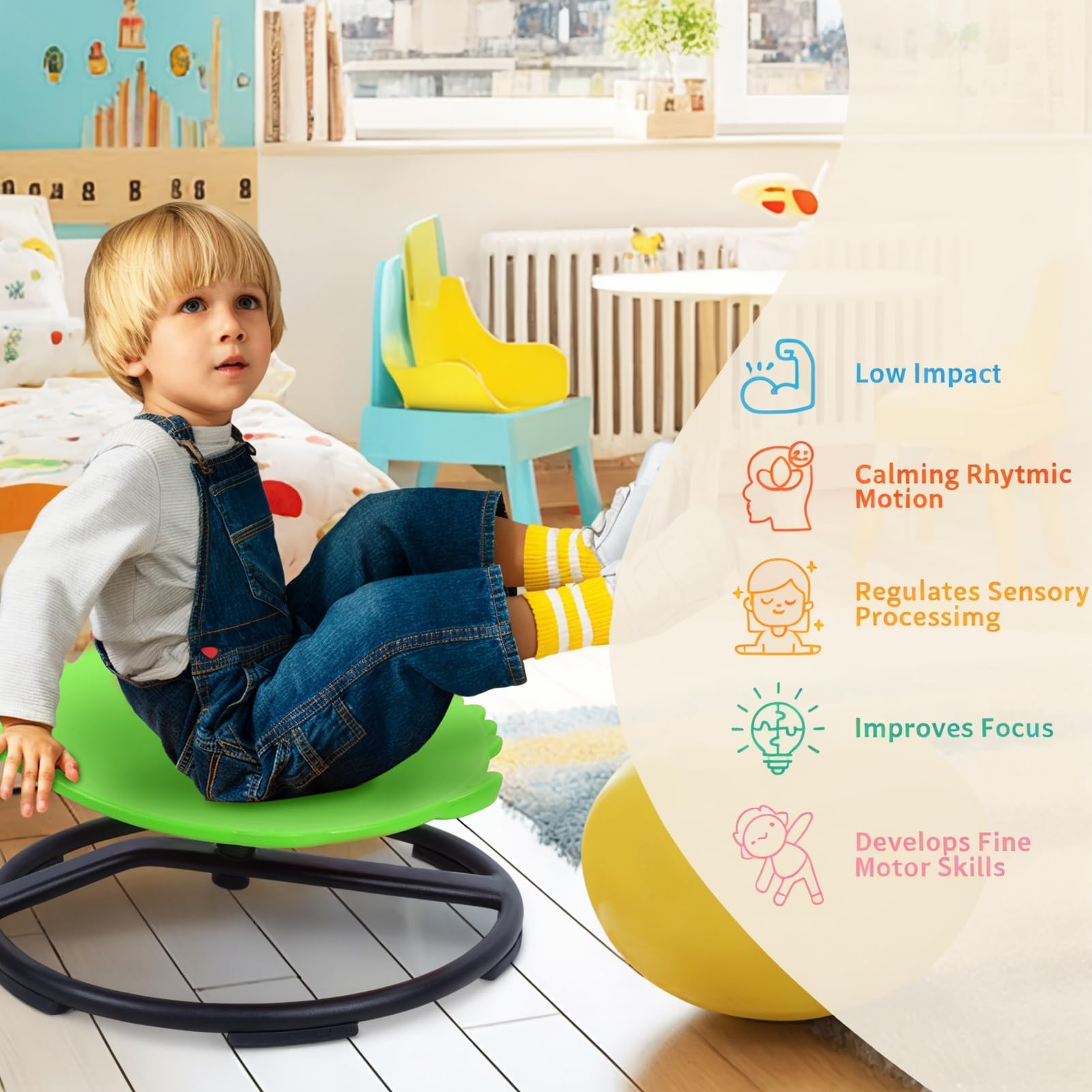 Dinosaur Swivel Chair for Kids - Spinning Sensory Toy for Autistic Children & Toddlers - Wobble Disk Chair Improves Body Coordination & Balance - Green Cartoon Design - Perfect for Classroom, Playroom & Sensory Therapy