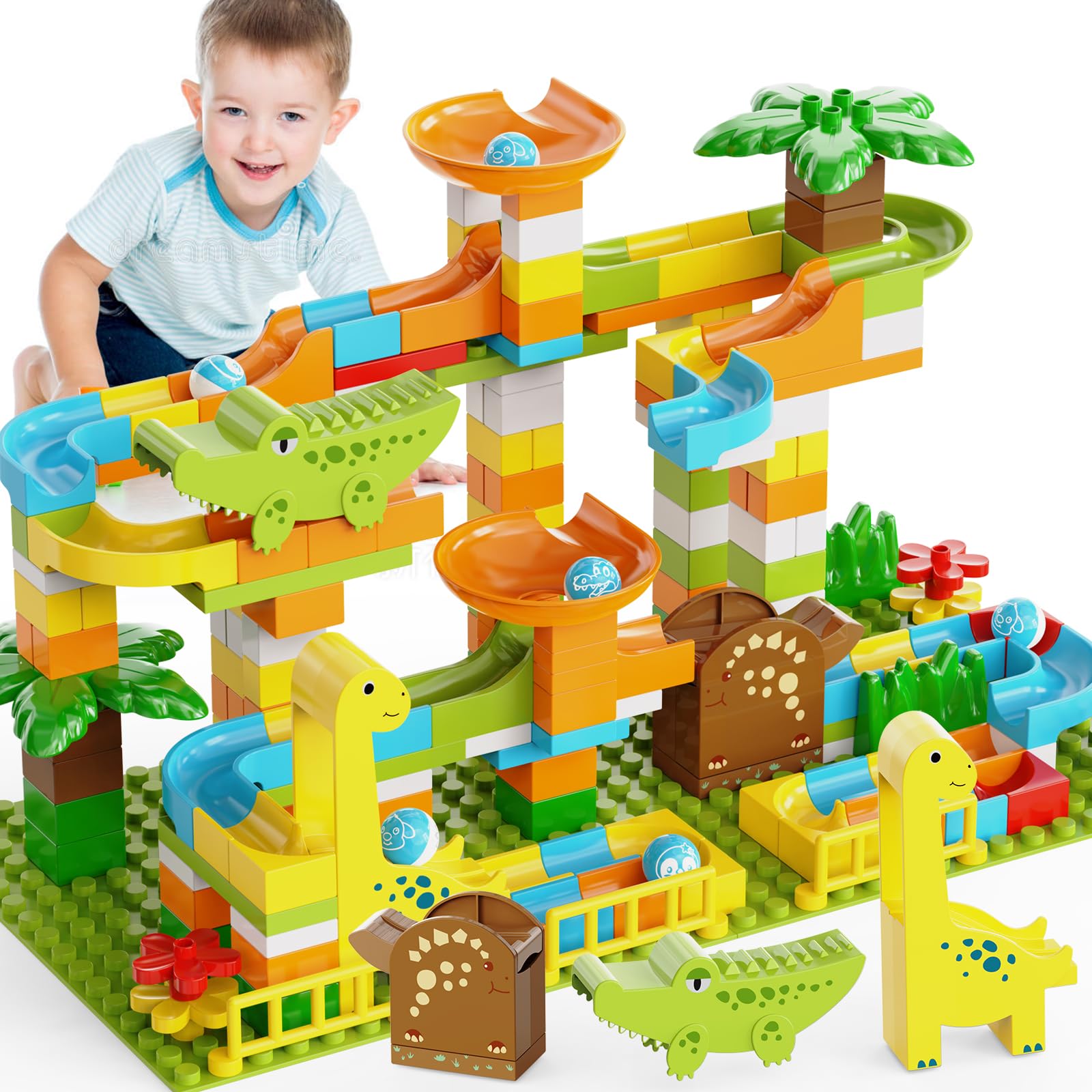 JIXIn 187Pcs Dinosaur Marble Run Building Blocks - STEM Educational Toys for Kids Ages 3-8, Compatible with Lego DUPLO - Montessori Learning Toys for Toddlers 2-5 Years | Fun Indoor Play for Birthday Gifts & Preschool Activities