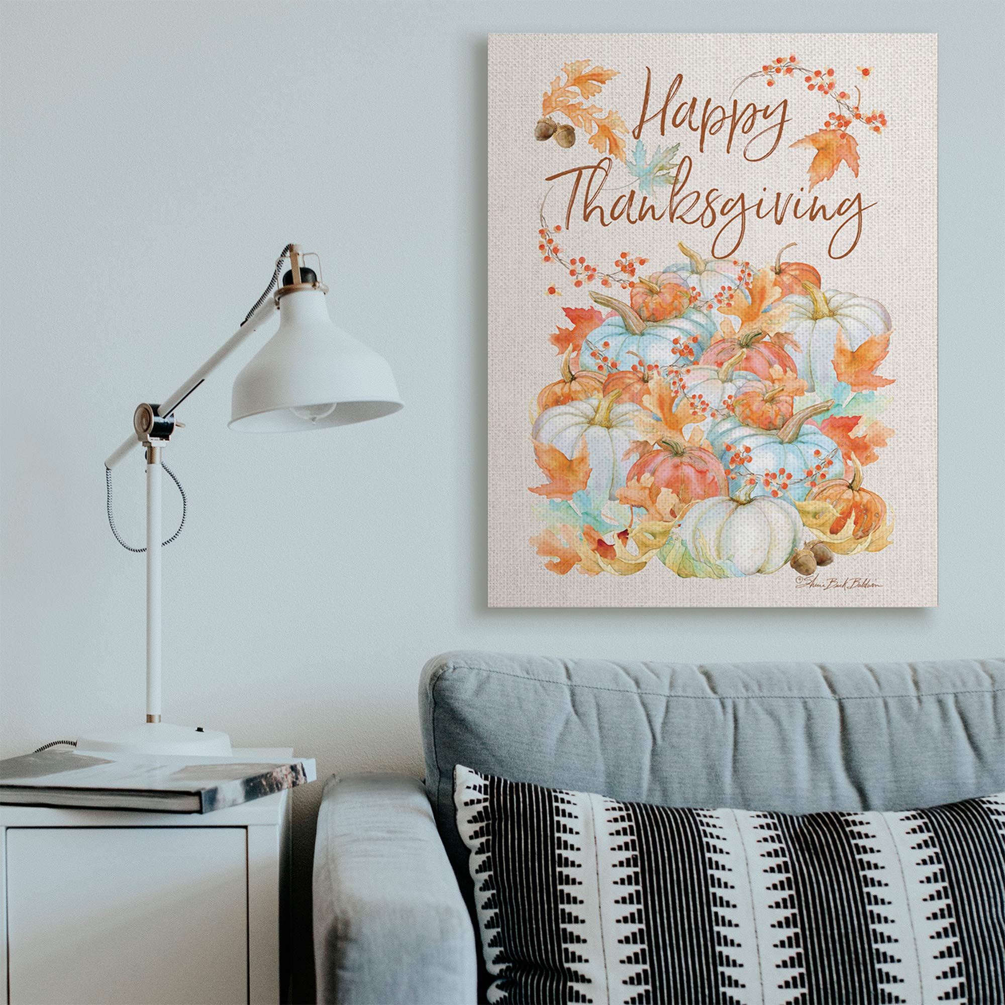 Stupell Industries 'Happy Thanksgiving' Phrase White Autumn Pumpkins Canvas Wall Art - 36