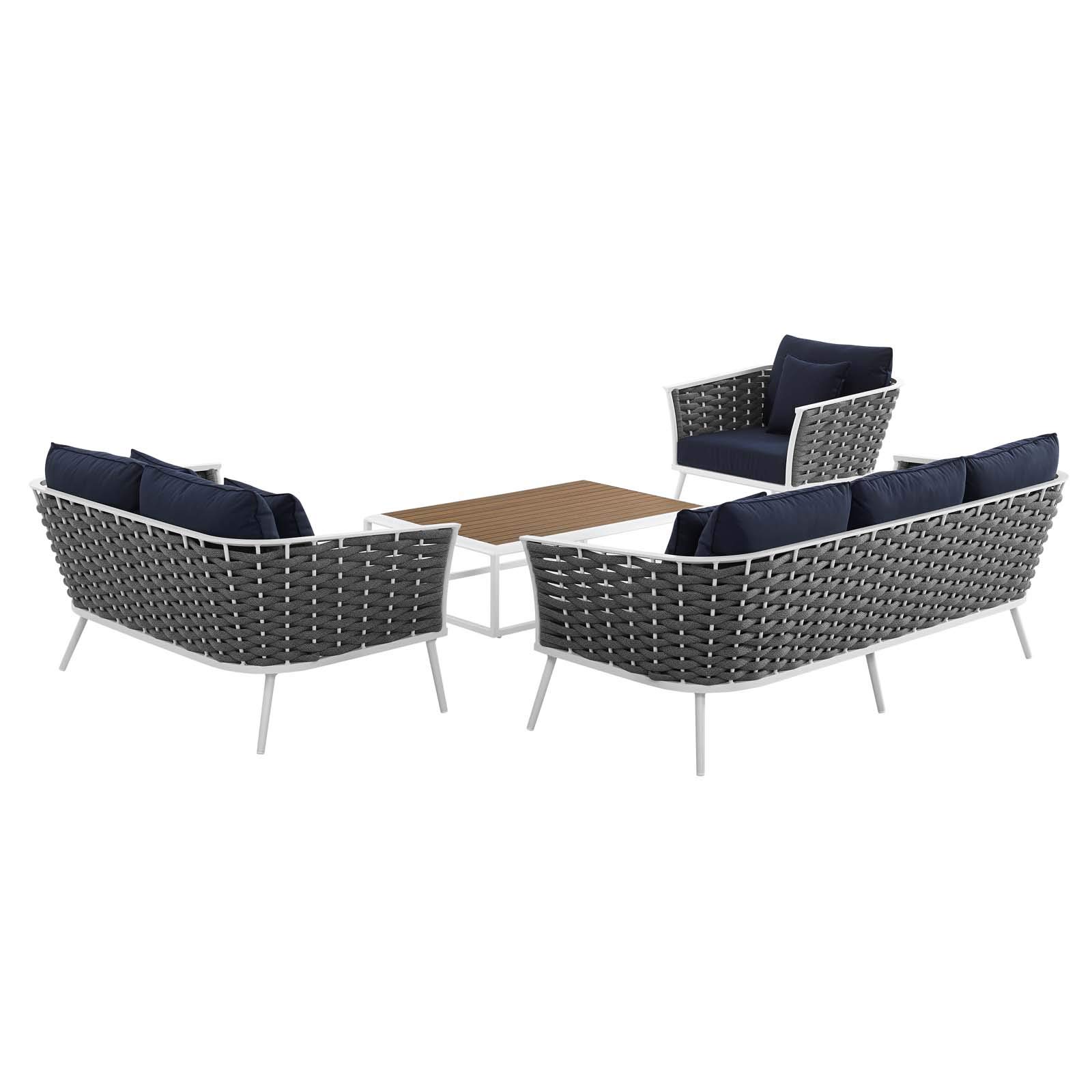 Modern Contemporary Outdoor Patio Lounge Chair Set with Sofa & Table - Aluminum Frame & White Navy Fabric - Perfect for Backyard, Poolside & Garden Relaxation