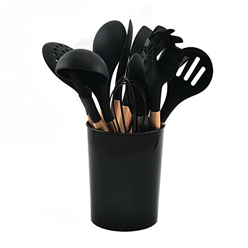 Heat-Resistant Silicone Spatula Set with Wooden Handle - Non-Stick Kitchen Cooking Utensils for Baking, Flipping & Stirring - Perfect for Pots, Pans & Mixing Bowls (Black)