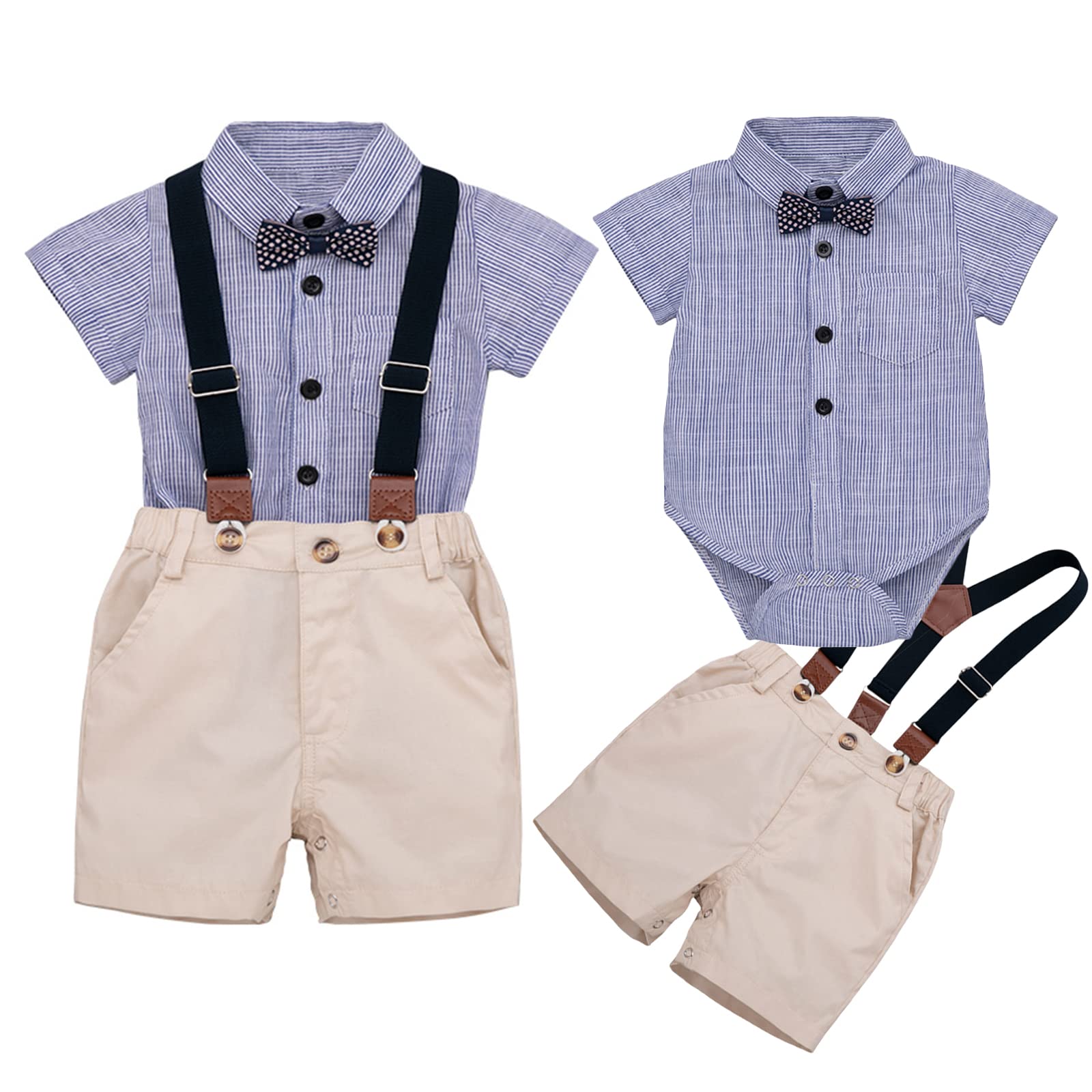 SOONHUA Baby Boy Outfits - Gentleman Suit Set with Short Sleeve Romper, Suspenders & Bow Tie | Newborn Formal Wear for Photoshoots, Parties & Special Occasions