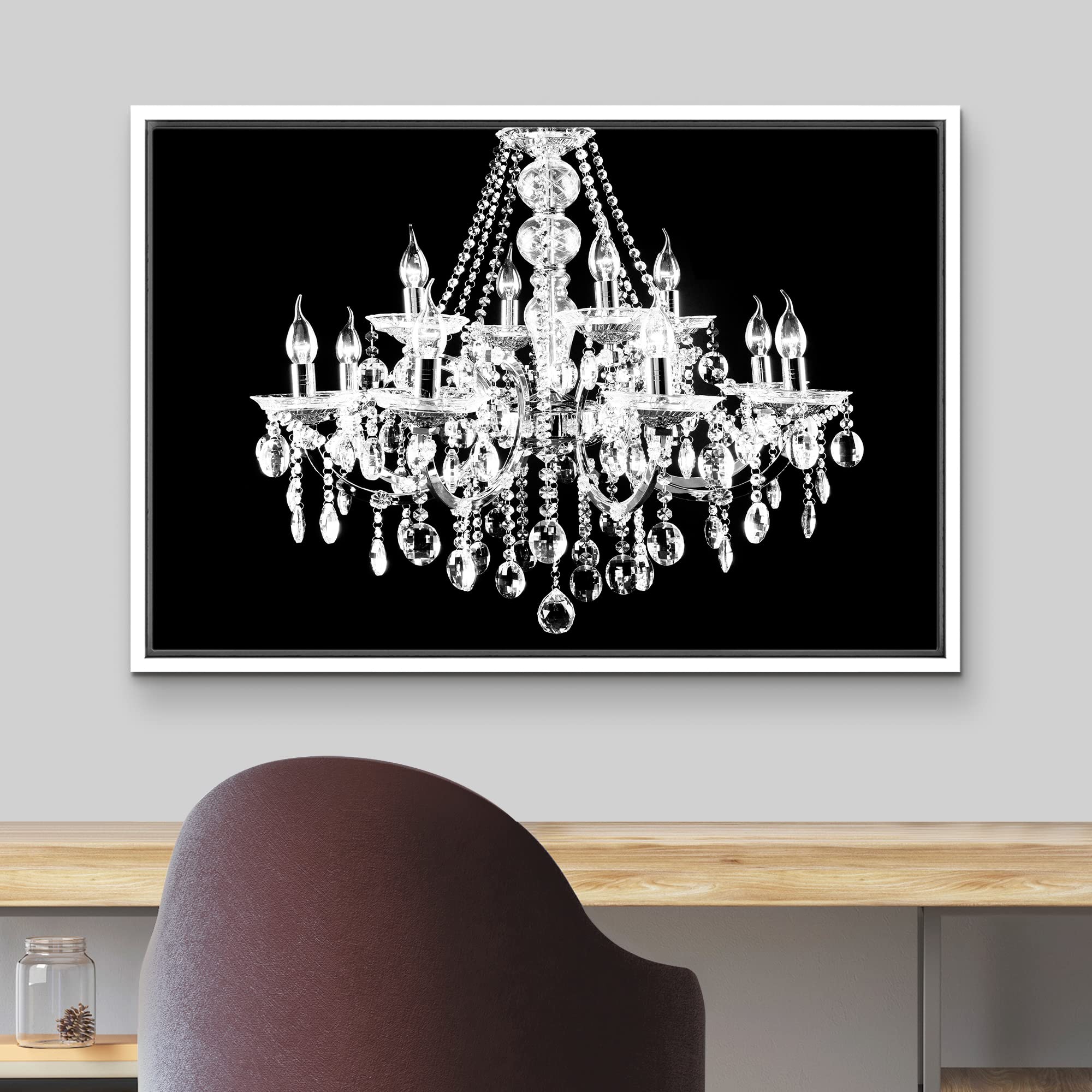 Wall26 Framed Canvas Print - Black & White Chandelier Silhouette Wall Art, Modern Digital Art for Living Room, Bedroom & Office Decor (24x36 Inches, White Frame) | Elegant Home & Workspace Decoration