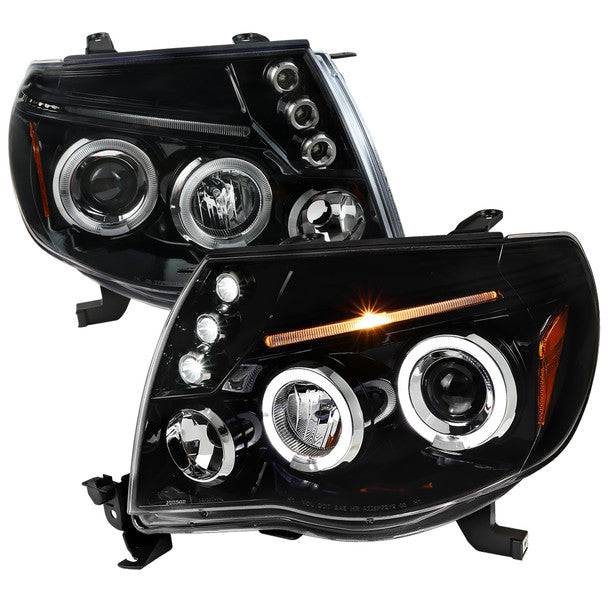 2005-2011 Toyota Tacoma Halo Projector Headlights - Jet Black Housing with Clear Lens - LED Angel Eye DRL - Replacement Headlights for Off-Road & Night Driving