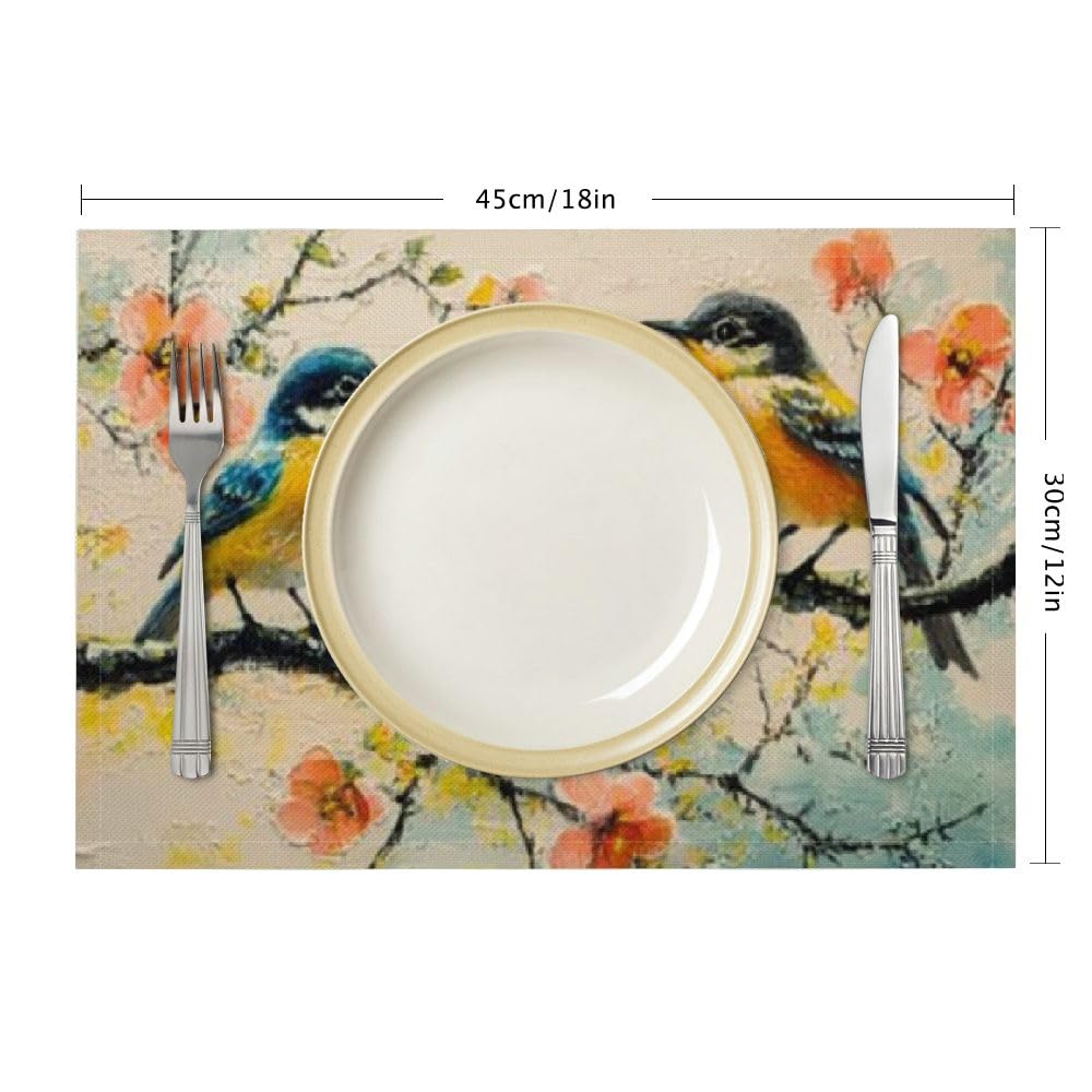 Lemon Tree Farmhouse Placemats Set - Waterproof Washable Kitchen Table Mats with Rustic Bird & Flower Design (18x12 Inch) for Dining Room Decor, Party, and Outdoor Picnic Use