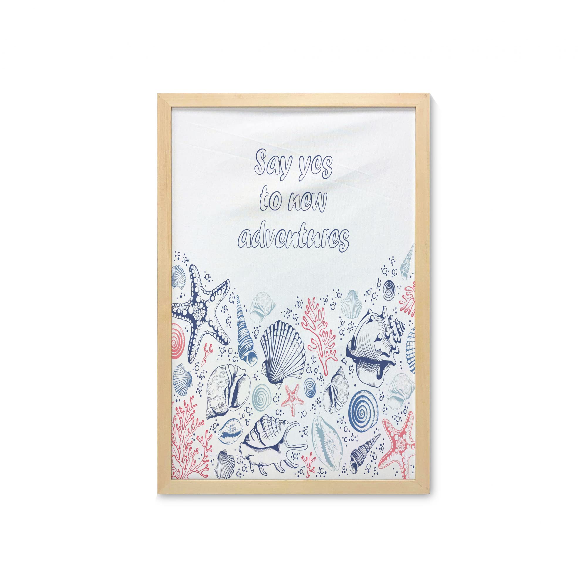 Ambesonne Underwater Marine Wildlife Wall Art - Framed Fabric Poster with Seashells, Corals & Starfish, Navy Blue & Dark Coral Print (23