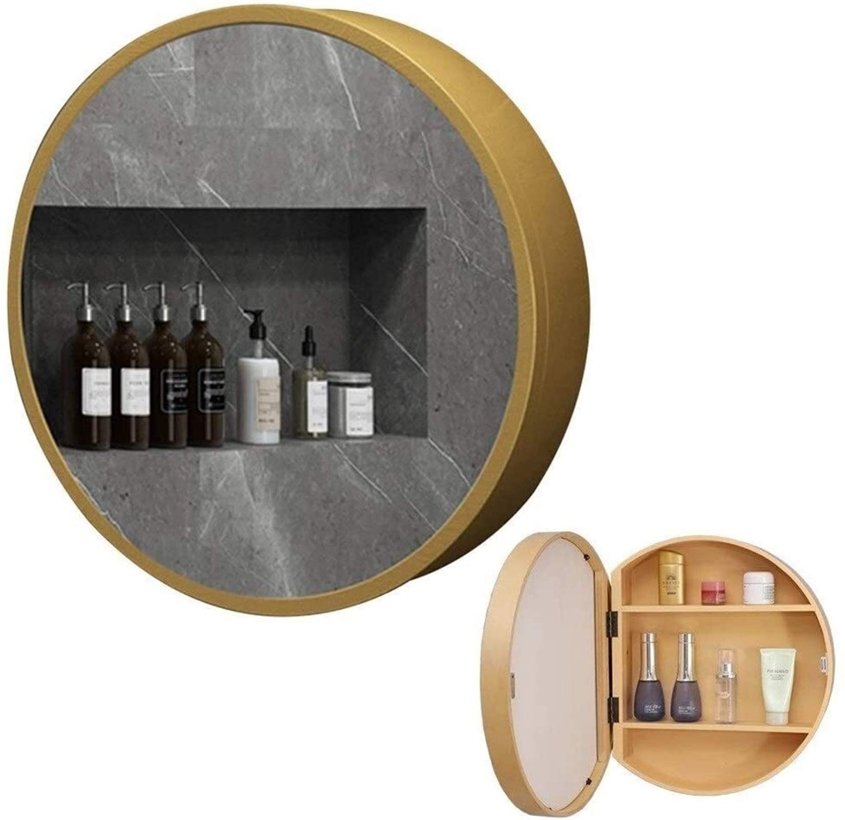 JUCK Gold Round Wall Mounted Bathroom Mirror Medicine Cabinet - 19.7 Inch Single Door Storage for Bathroom & Kitchen Organization - Perfect for Small Spaces, Vanities & Modern Home Decor