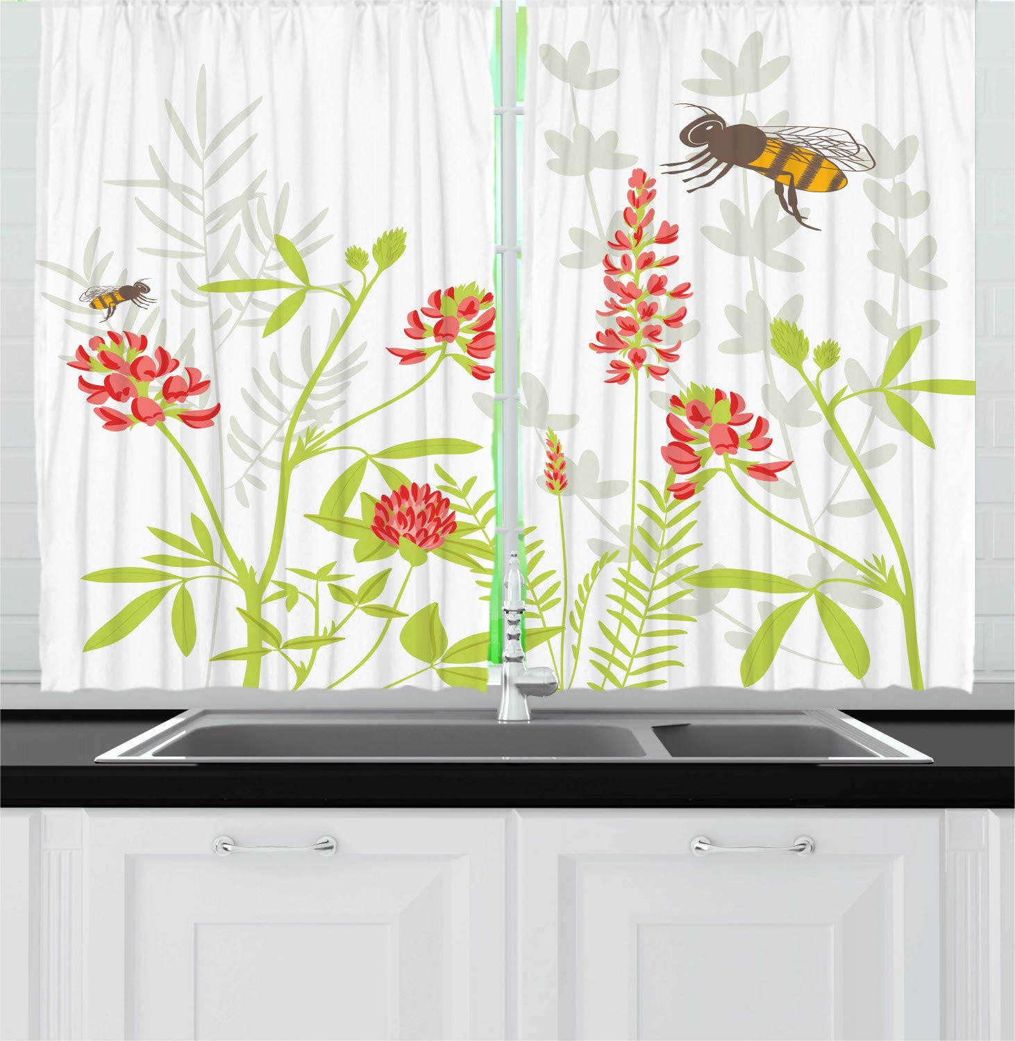 Ambesonne Honey Bee Kitchen Curtains Set of 2 - Botanical Floral Window Drapes with Budding Flowers & Leaves - 55