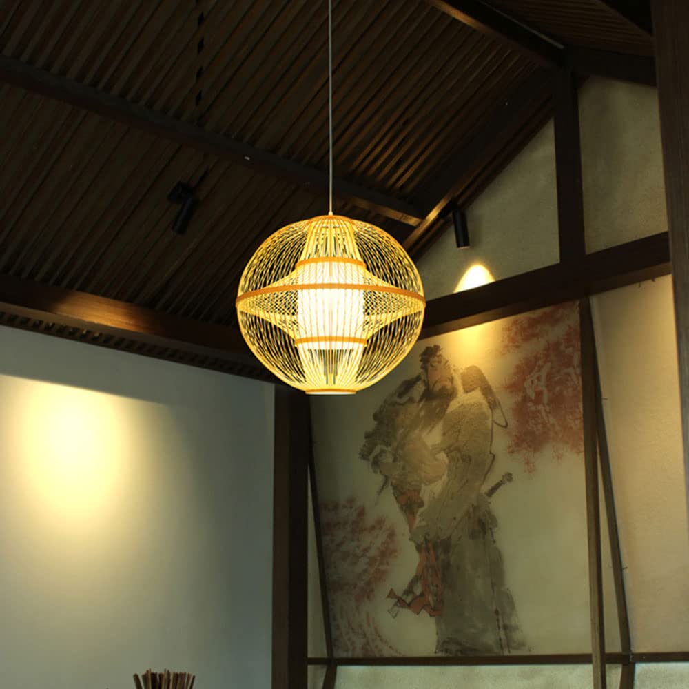 1Pc Handwoven Round Bamboo Wicker Pendant Lamp - 1 Light Industrial Ceiling Light Fixture for Bedroom, Kitchen, Restaurant & Coffee Bar - Perfect for Boho, Farmhouse & Coastal Decor Styles