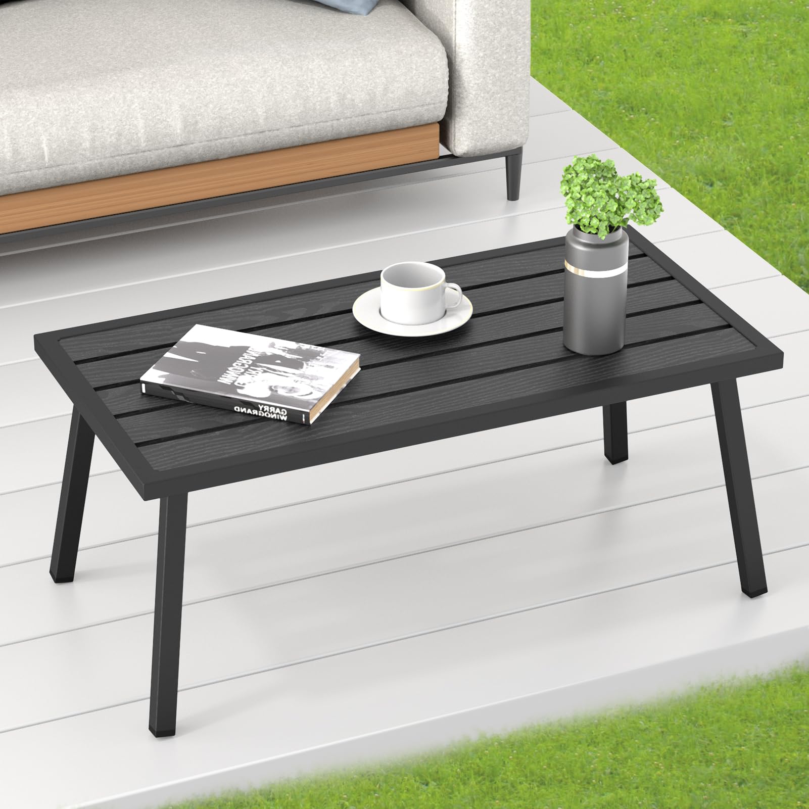 Black Rectangle Small Metal Outdoor Coffee Side Table - Patio Garden Balcony Furniture for Relaxing & Entertaining