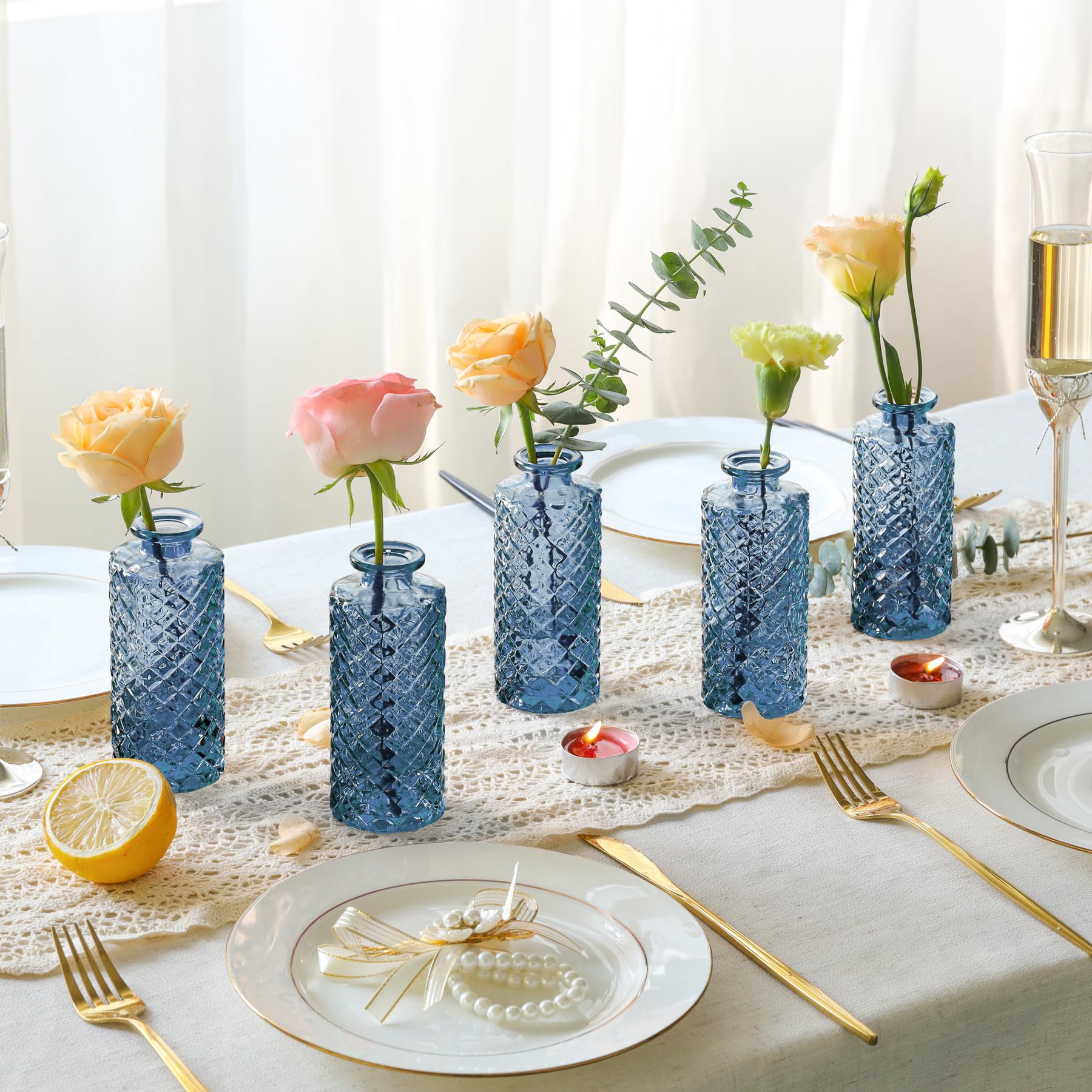 ComSaf Glass Bud Vases Set of 12 - Small Diamond Cut Mini Flower Vases for Wedding Centerpieces, Table Decor, Home & Housewarming Gifts (Grey Blue) | Perfect for Wedding Receptions, Dining Tables & Rustic Home Decor