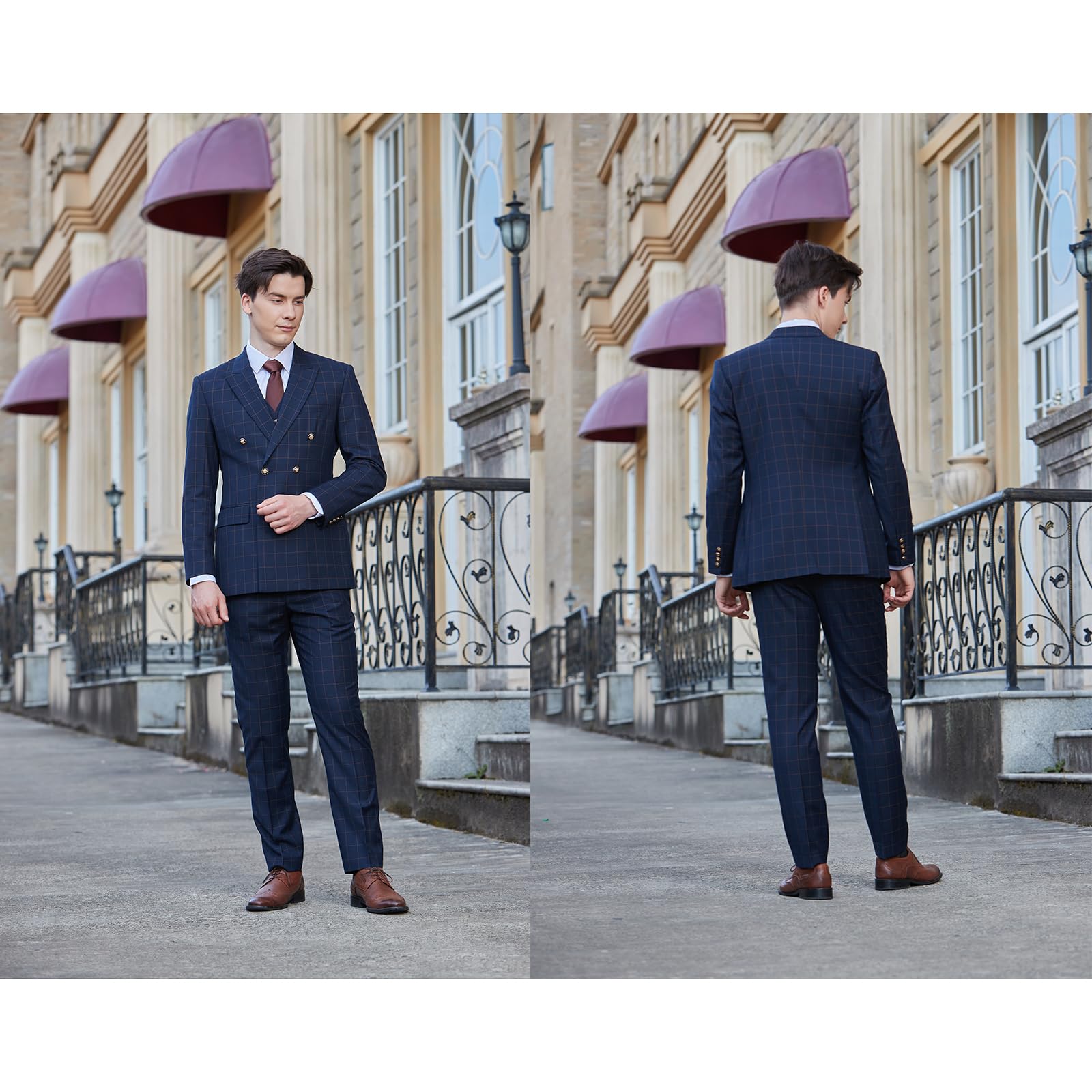 Men's Slim Fit 3 Piece Suit Set - Double Breasted Plaid Blazer, Vest & Pants for Wedding, Party & Business | Formal Tuxedo Outfit for Groom, Prom & Special Occasions