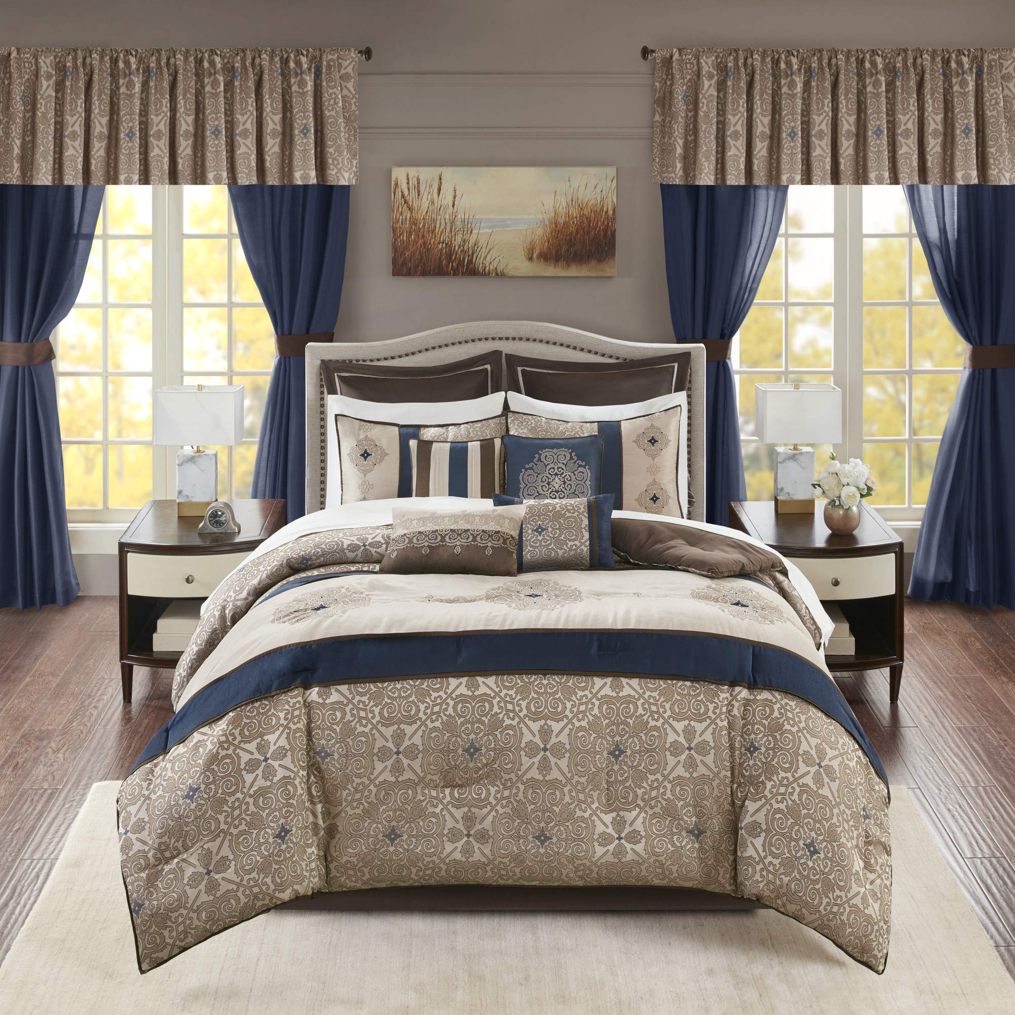 Madison Park Essentials Delaney 24-Piece Luxury Bedding Set - Satin Jacquard Comforter, Sheets, Decorative Pillows & Curtains - All Season King Size (104