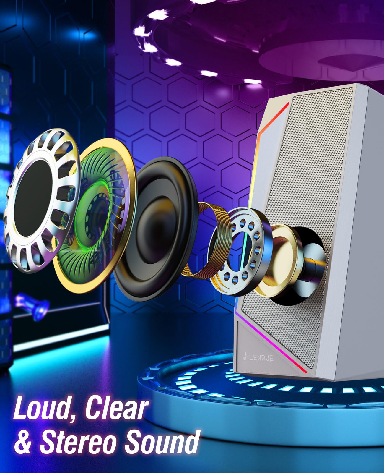 LENRUE USB Computer Speakers with Stereo Sound | USB-C & USB Powered PC Speakers for Desktop, Laptop, Monitor | Includes Headphone Jack & USB-C Adapter | Perfect for Home Office, Gaming & Streaming