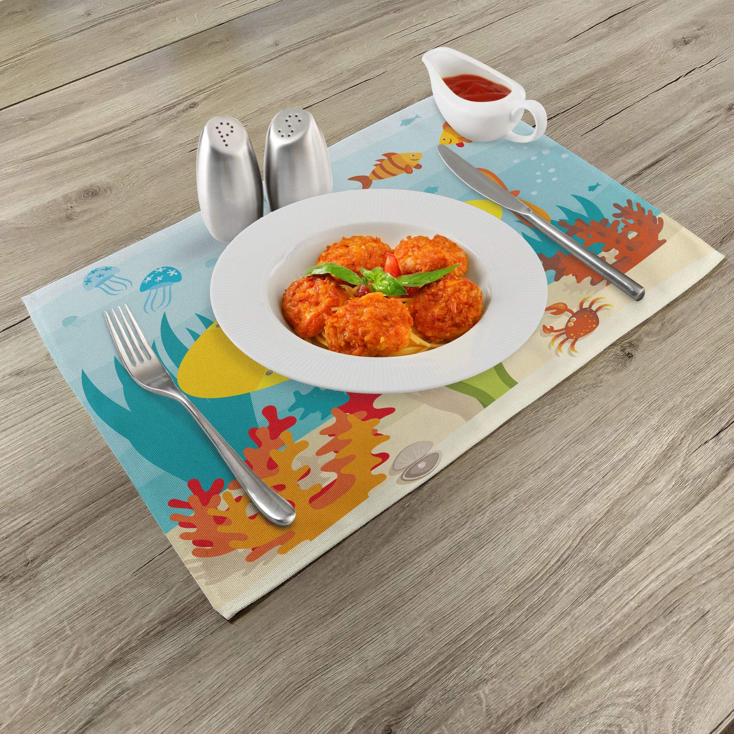 Ambesonne Yellow Submarine Place Mats Set of 4 - Waterproof Washable Fabric Dining Mats with Sea Life Theme (Submarine, Fish & Crab Illustration) for Kitchen Table Decor in Yellow & Pale Blue - Perfect for Beach Themed Parties & Nautical Home Decor