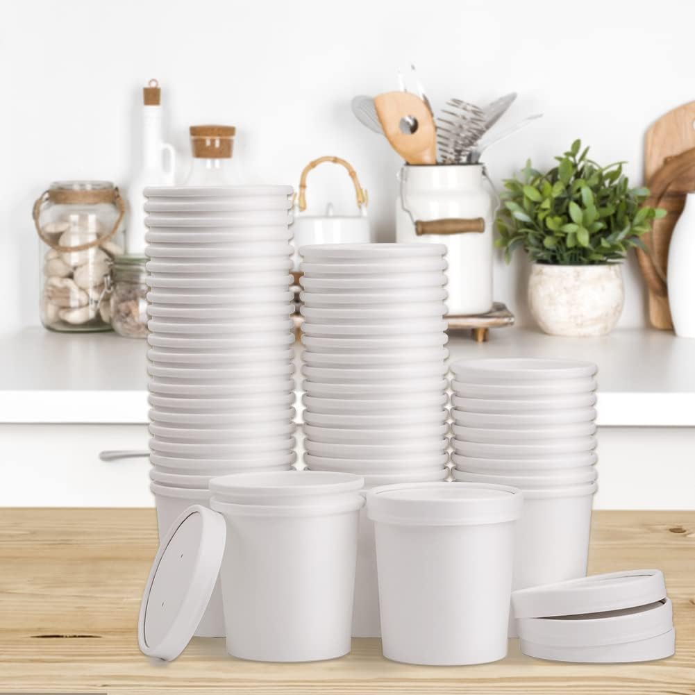 16 oz Disposable Paper Soup Cups - 50 Pack White Food Containers with Vented Lids for Hot Soups, Desserts & Ice Cream | Perfect for Takeout, Catering & Party Serving