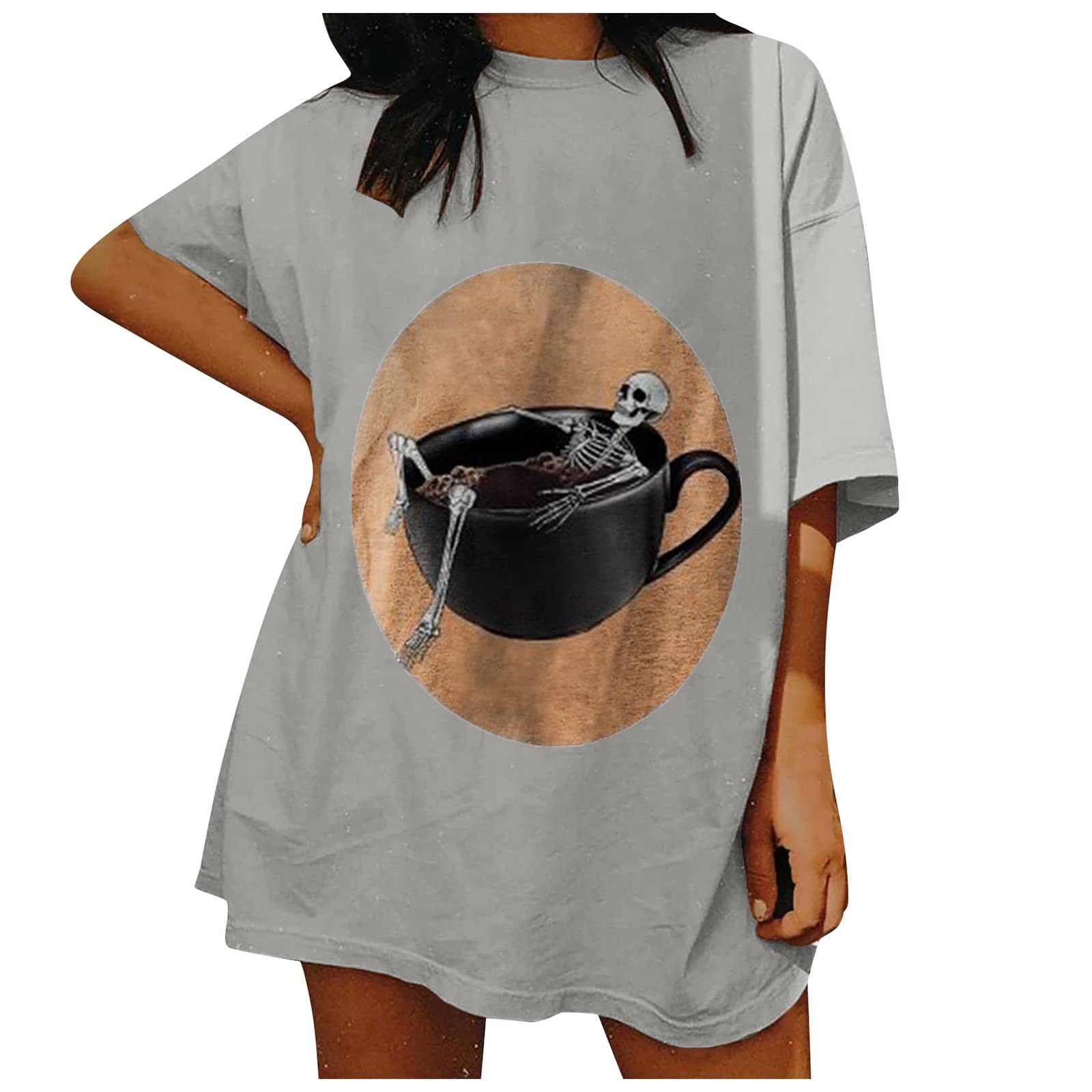 Vintage Distressed Skull Print Women's T-Shirt - Dark Gray Loose Fit Short Sleeve Tunic Top for Casual Wear, Street Style & Gothic Fashion