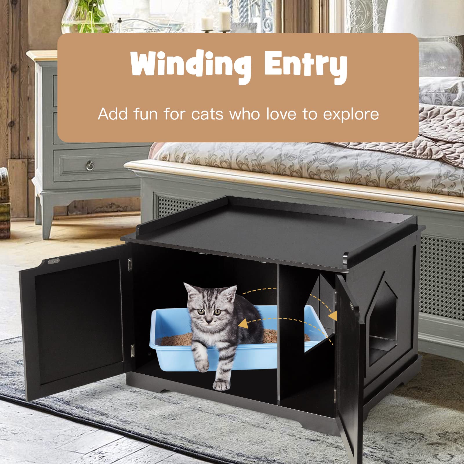 PETSITE Wooden Cat Litter Box Enclosure - Hidden Litter Box Bench with Double Doors, Removable Divider & Storage Shelf | Stylish Cat Litter Box Furniture for Home, Living Room or Bedroom (Black)