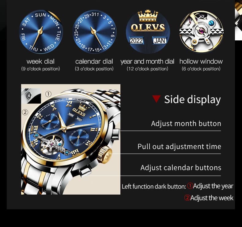 OLEVS Men's Self-Winding Automatic Tourbillon Watch - Luxury Mechanical Dress Watch with Stainless Steel Band, Luminous Hands, Waterproof - Perfect for Business, Formal Events & Gifts