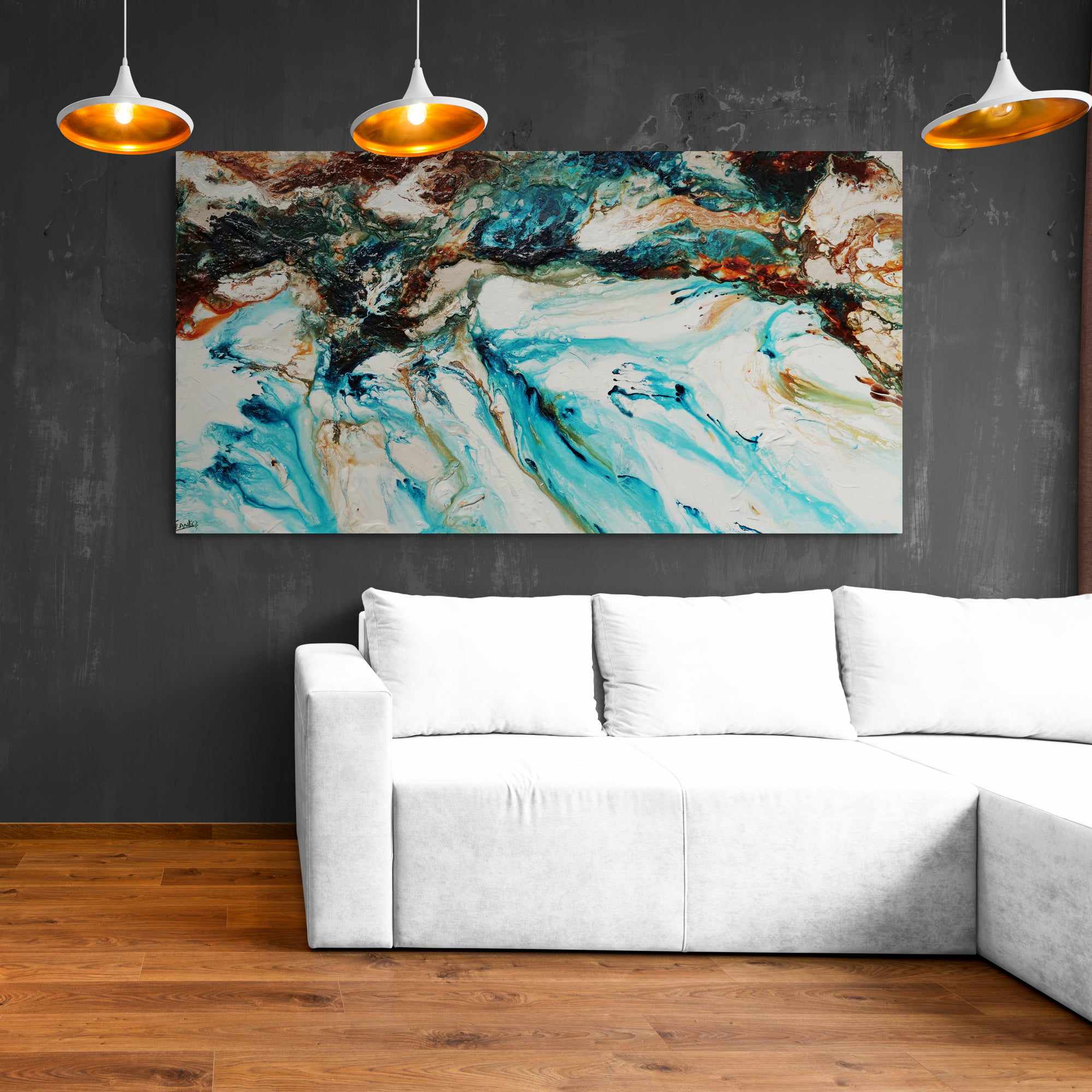 190cm x 100cm Teal White Textured Abstract Painting - Coastal Wave Inspired Wall Art for Living Room, Bedroom & Office Decor