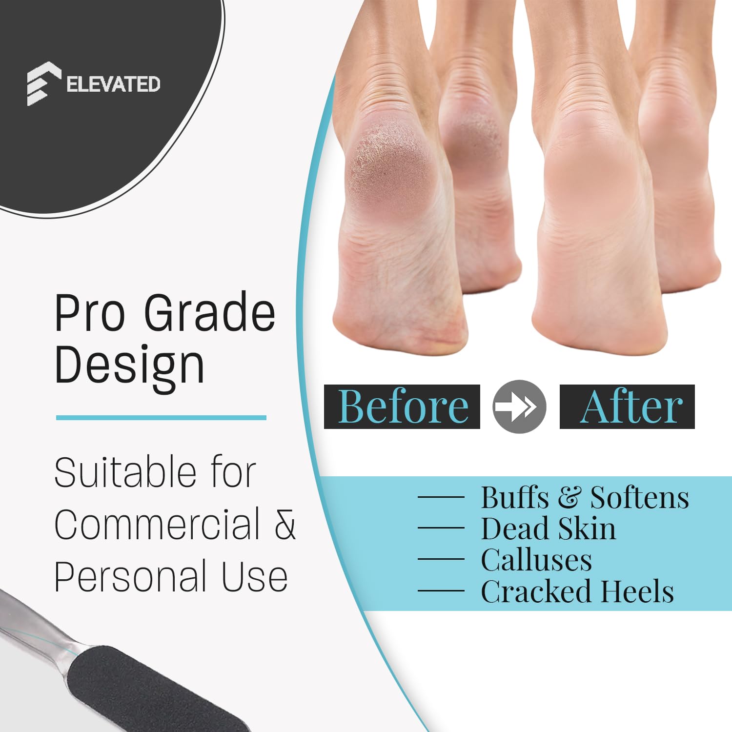 Professional Stainless Steel Pedicure Foot File - Double Sided Foot Scrubber & Heel File (8.25 Inch) | Works with Pedicure File Refills | Perfect for At-Home Pedicures, Foot Care & Spa Treatments