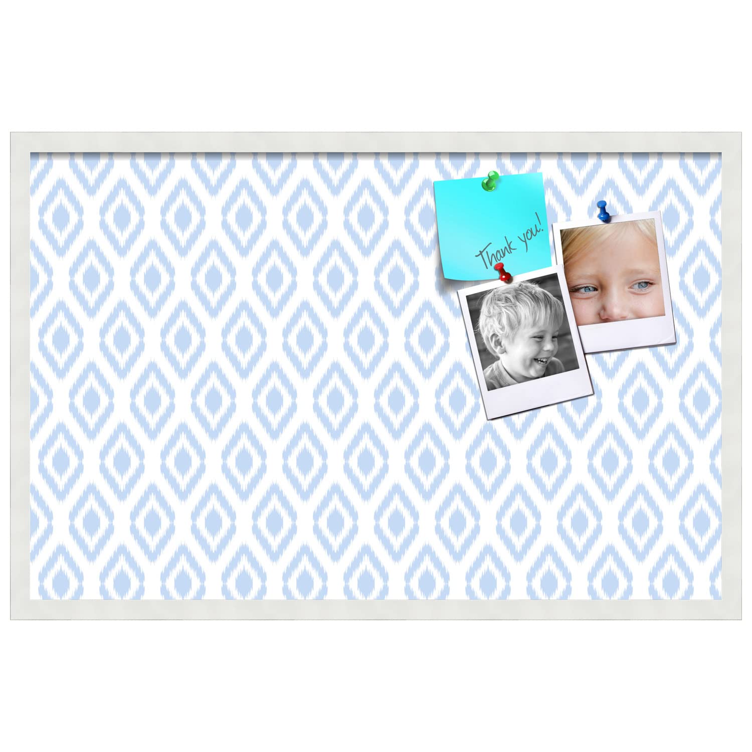 PinPix 34x22 Inch Cork Bulletin Board with Ikat Light Blue Design & Satin White Frame - Decorative Framed Pin Board for Home Office School Decor - Perfect for Notes, Photos, Reminders & Wall Organization