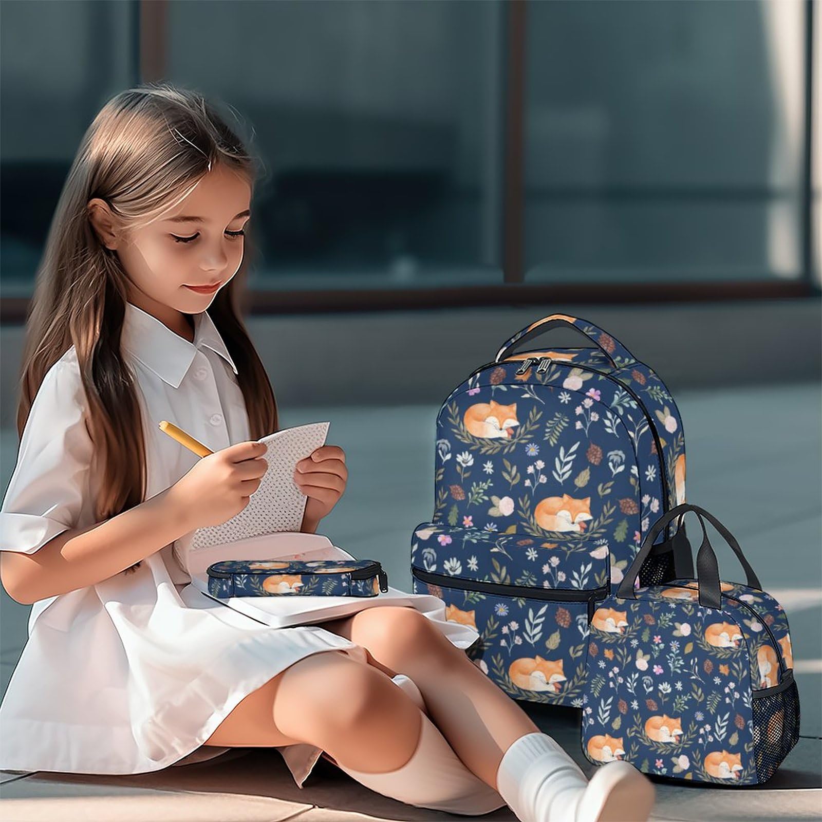 **Mercuryelf Fox Themed Backpack Set for Kids - 3-in-1 School & Travel Backpack Combo with Lunch Box & Pencil Case - Aesthetic Dark Blue Bookbag for Boys & Girls - Perfect for School, Travel & Outdoor Adventures**