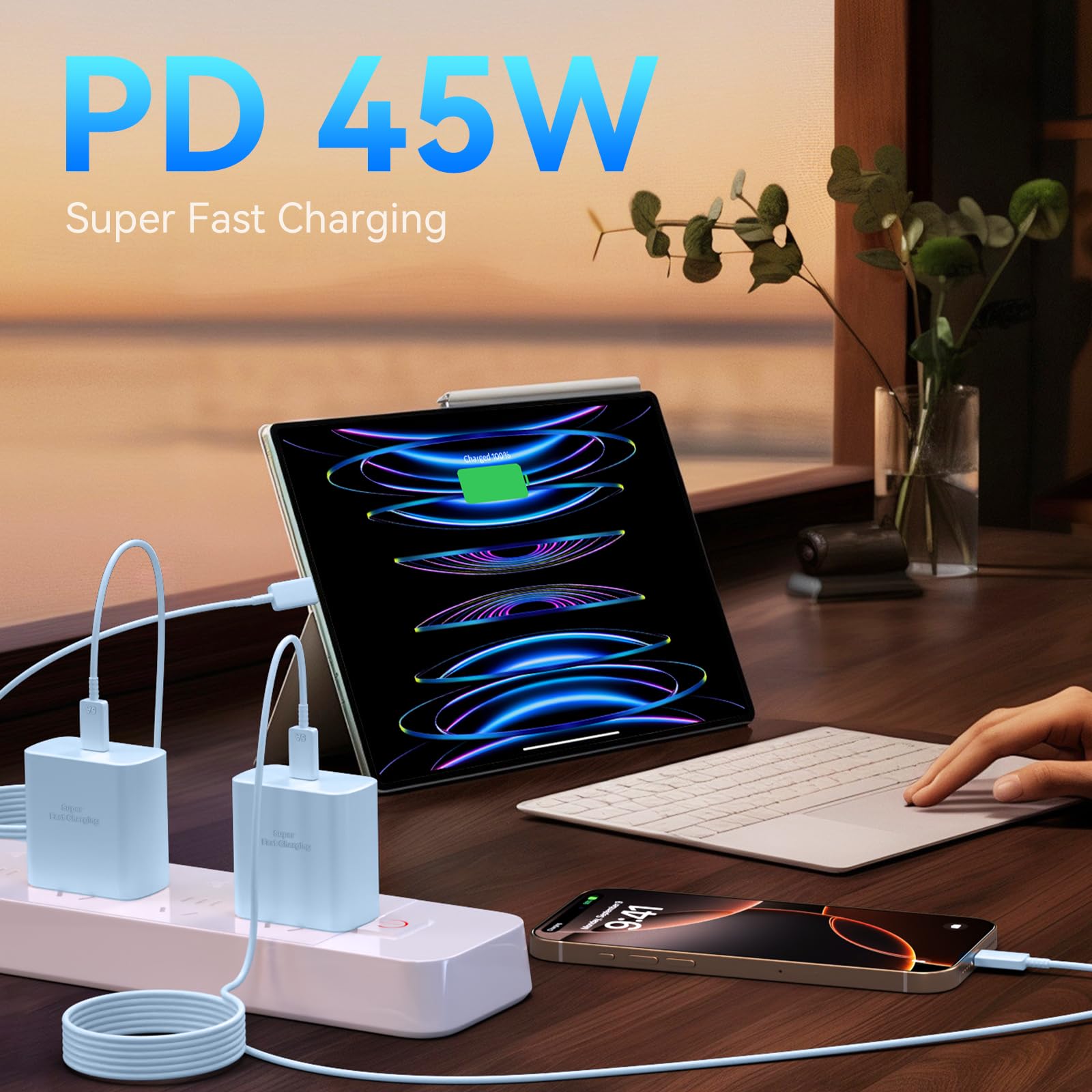 45W Super Fast USB C Charger Block with 6.6FT Long Cable - Fast Charging for Phone 16 Pro Max/16 Pro/16/16 Plus, 15 Pro Max/15 Pro/15 & Android Phones - Perfect for Home, Office & Travel (Blue)