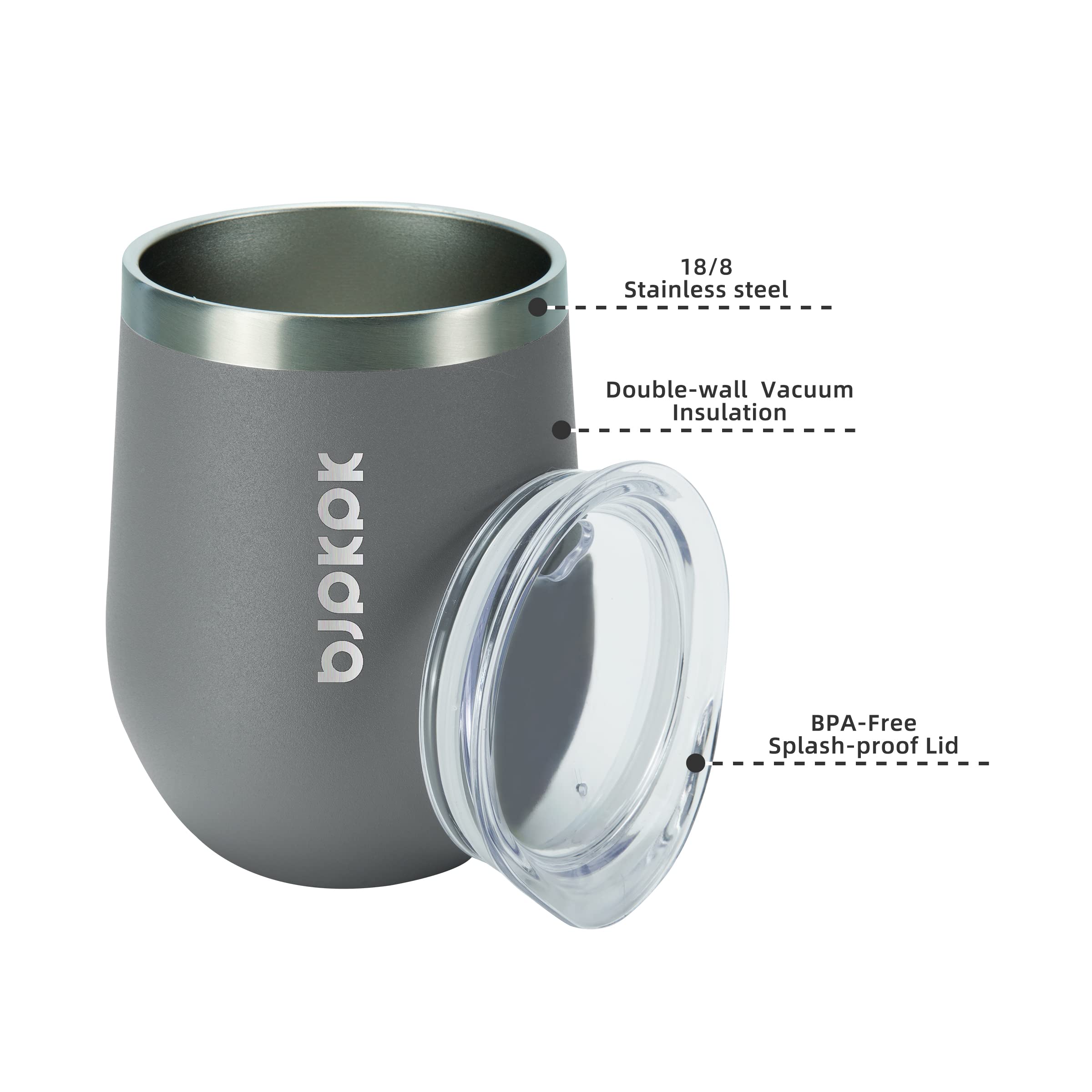 BJPKPK 2-Pack 12oz Insulated Stainless Steel Wine Tumblers - Double Wall Vacuum Coffee Mugs with Lids, Unbreakable Wine Glasses for Hot & Cold Drinks - Perfect for Home, Office, Camping & Outdoor Picnics (Gray)