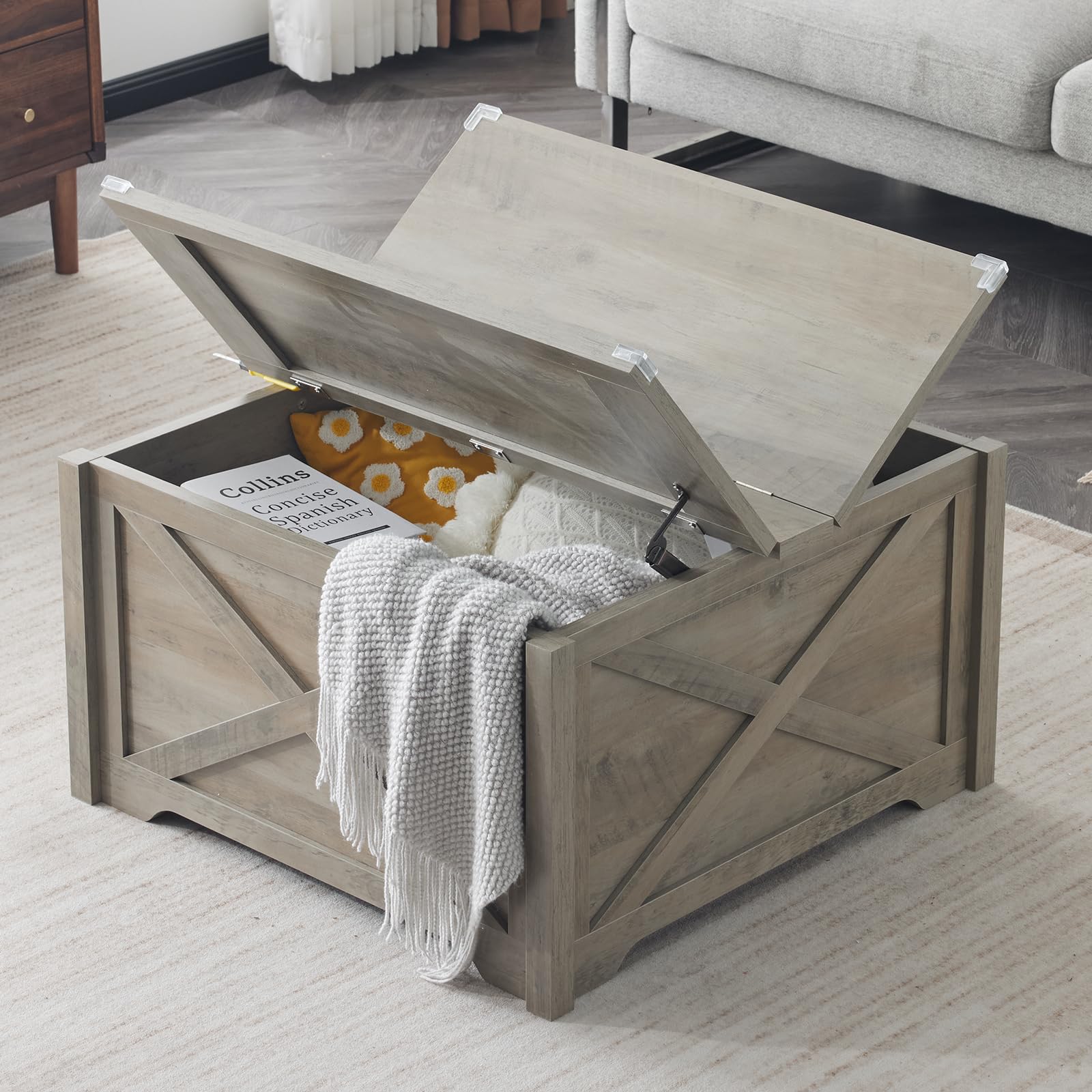 Karl Home Square Coffee Table with Storage - Farmhouse Rustic Gray Wooden Center Table with Hinged Lifting Tabletop - 31.5