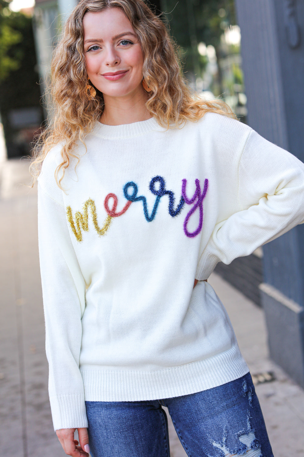 More the Merrier White Pop Up Lurex Sweater - Women's Sparkly Holiday Party Knitwear for Christmas, New Year & Special Occasions