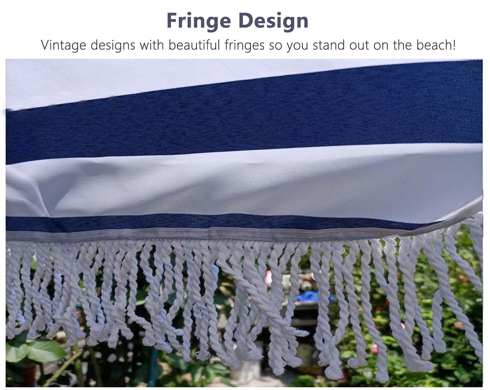 JLXJ Blue & White Striped Waterproof Windproof Beach Umbrella with Fringe - 1.8m Outdoor Sun Shade for Patio, Poolside, Backyard & Balcony | Perfect for Summer Relaxation, Beach Trips & Outdoor Dining