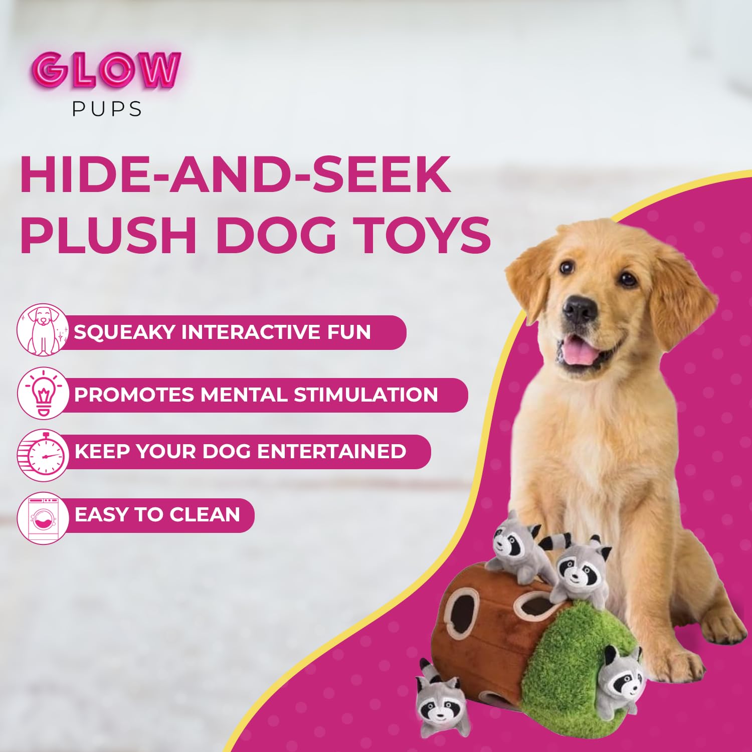 Interactive Plush Raccoon Hide and Seek Dog Toy with Squeaker - Fun Burrow Game for Small & Medium Dogs | Tree Trunk Design with Hidden Raccoon | Perfect for Indoor Play, Training & Stimulating Your Pet's Natural Hunting Instincts